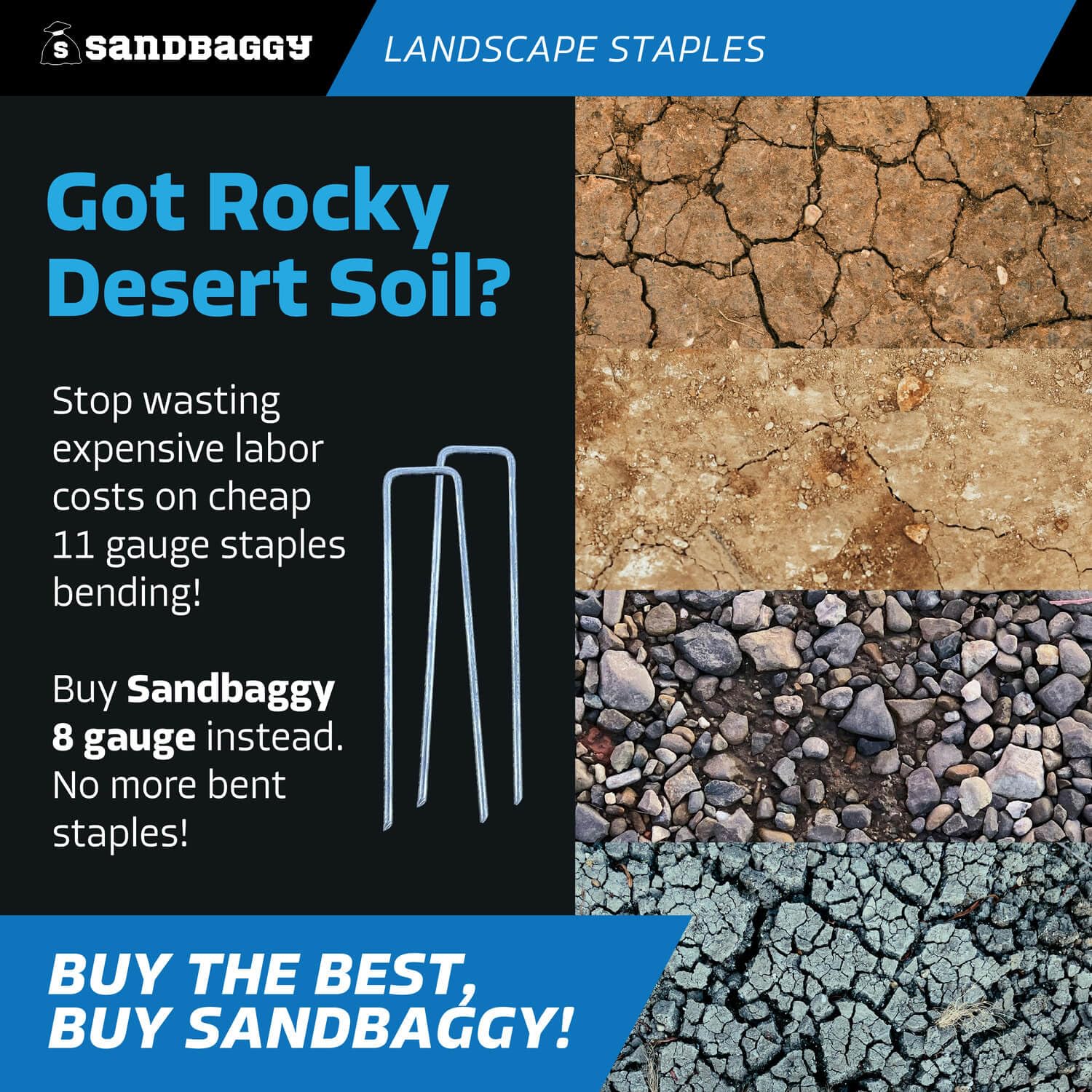 Sandbaggy 6 inch Landscape Sod Staples (8 Gauge Steel) | Great for Hard & Rocky Soil | 40% Thicker Than Standard 11 Gauge | Trusted by Farmers & Contractors Across USA (800 Staples)