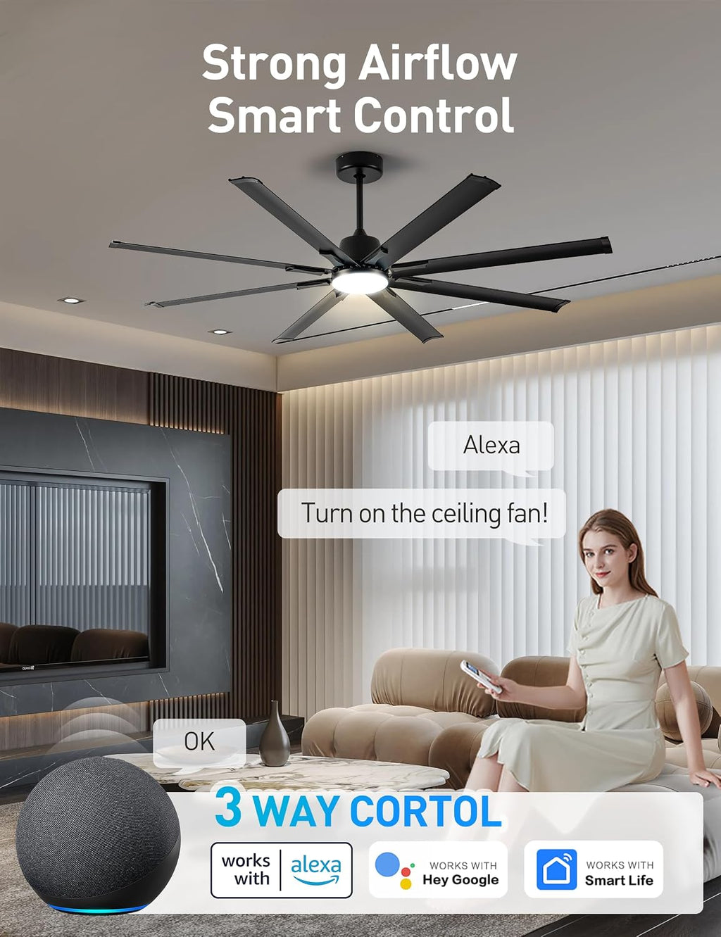 Minislak 72 Inch Ceiling Fan with Light,Industrial Ceiling Fan with 8 Black Aluminium Blades,Smart Fan Compatible with Alexa,Garage Outdoor Indoor Fan for Patio and Living Room