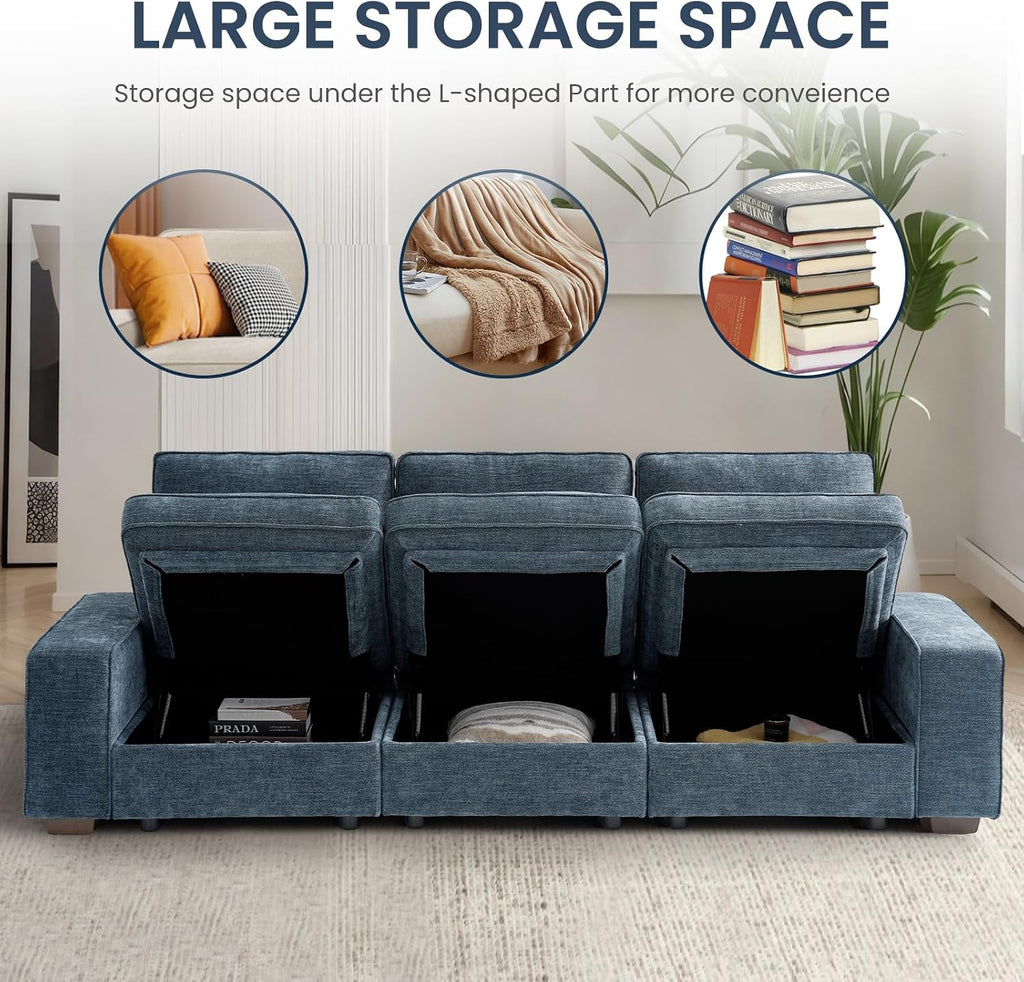 TEKAMON 100' Modular Sofa with Seats Storage, Comfy 3-Seater Chenille Fabric Couch for Living Room, Office, Apart W/Deep Seat, USB Charging, Upholstered Couch with Removable Cover (Blue)