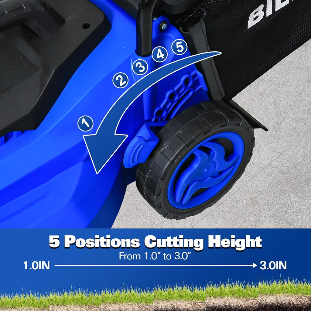 BILT HARD 15' Corded Electric Lawn Mower, 11A Motor 3300RPM Push Mower with 35L Grass Bag, 5 Height Adjustments (1'-3'), Lightweight & Foldable Handle for Small Yards