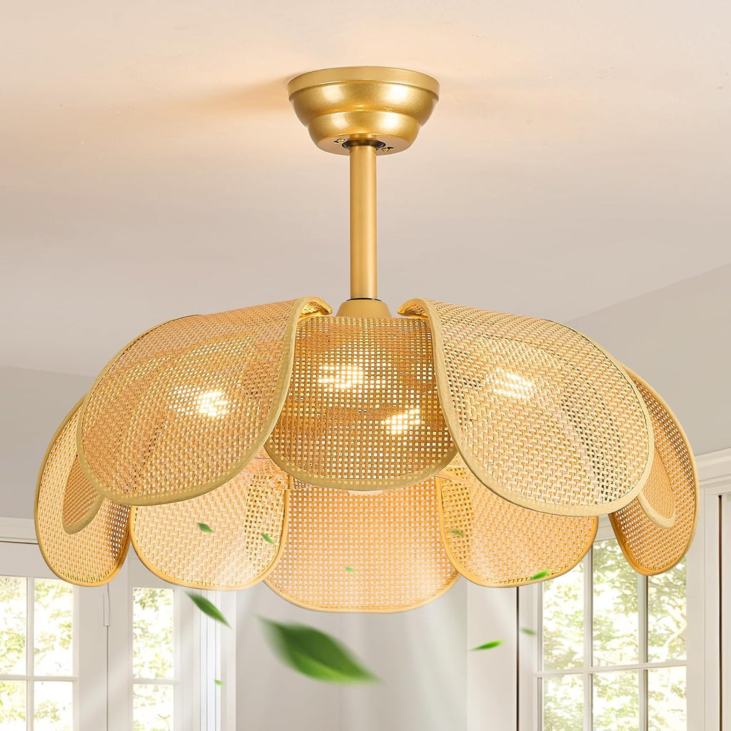 Rattan fandelier Ceiling Fan with Light Boho Ceiling Fans with Lights and Remote Gold Chandelier Fan for Bedroom, Living Room,Kitchen,Foyer(26 Inch,6 Speed, Timing Adjustable Height Flower)