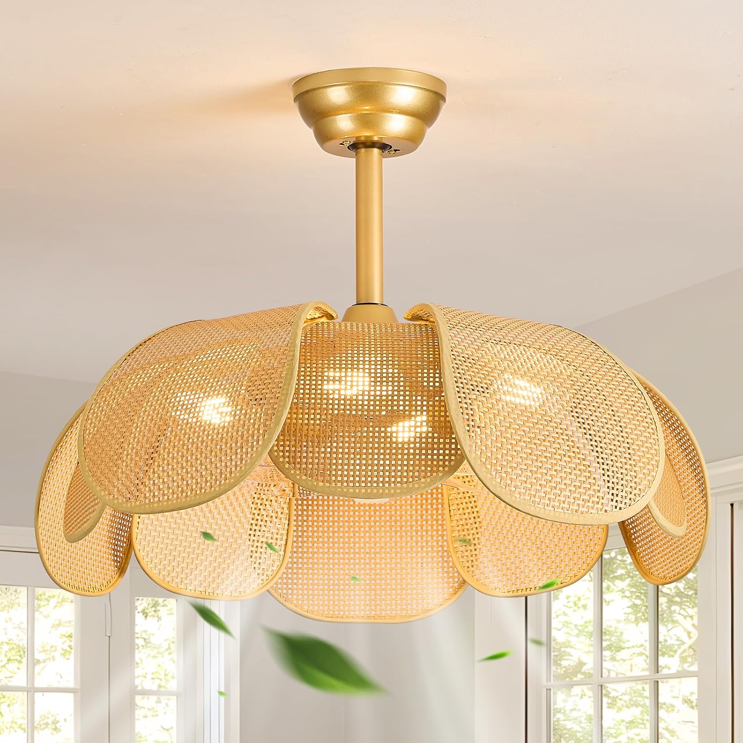 Rattan fandelier Ceiling Fan with Light Boho Ceiling Fans with Lights and Remote Gold Chandelier Fan for Bedroom, Living Room,Kitchen,Foyer(26 Inch,6 Speed, Timing Adjustable Height Flower)
