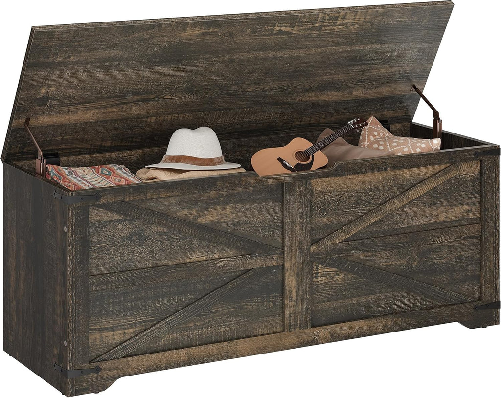 DWVO Storage Bench, 47.2' Farmhouse Storage Chest with 2 Safety Hinges, Wooden Storage Organizer, Shoe Bench for Entryway, Bedroom, Living Room, Dark Rustic Oak