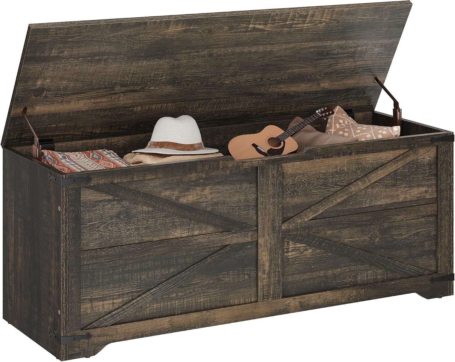 DWVO Storage Bench, 47.2' Farmhouse Storage Chest with 2 Safety Hinges, Wooden Storage Organizer, Shoe Bench for Entryway, Bedroom, Living Room, Dark Rustic Oak