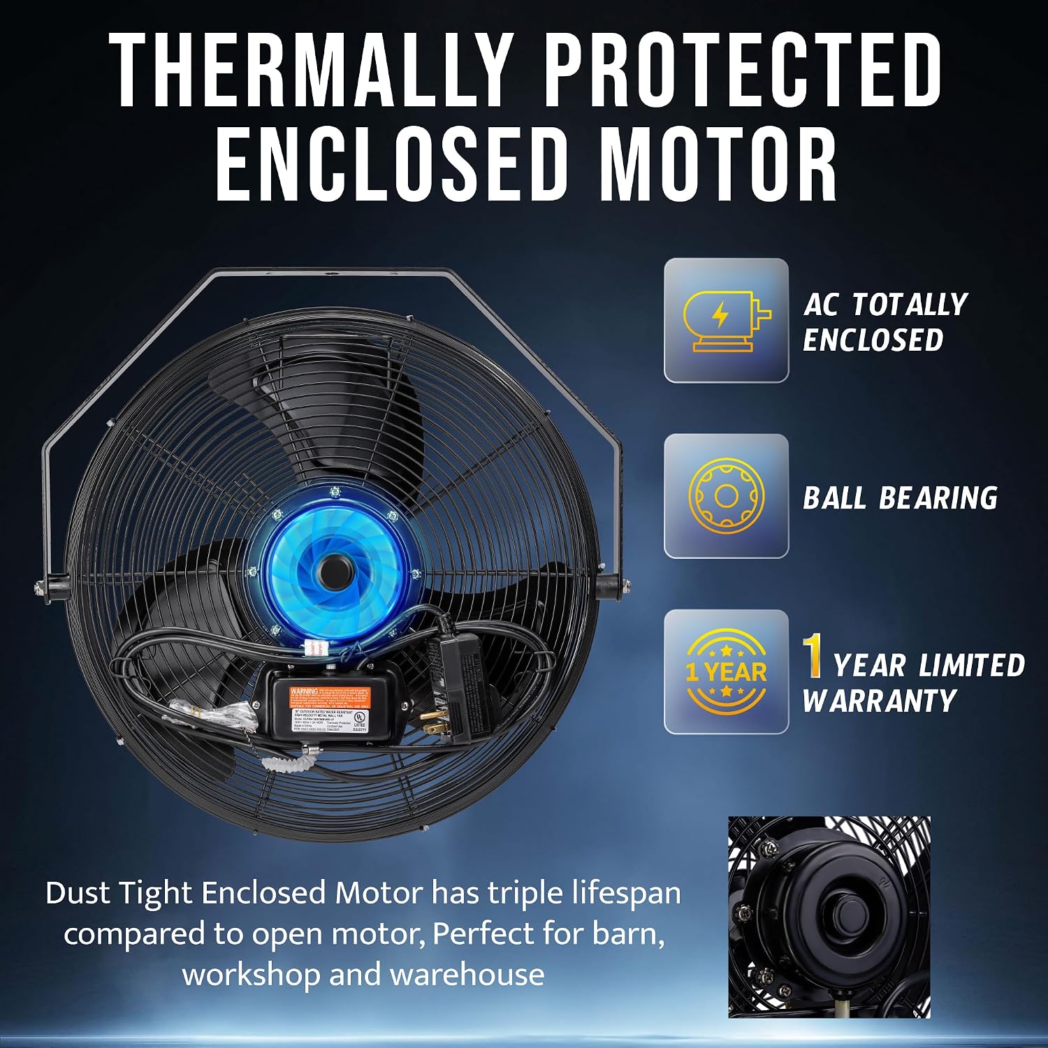 Tornado 18 Inch Outdoor Rated IPX4 Water-Resistant High Velocity Metal Industrial Wall Mounted Fan For Commercial, Industrial, Residential Use 3 Speed 4150 CFM 6.6 FT Cord UL Safety Listed