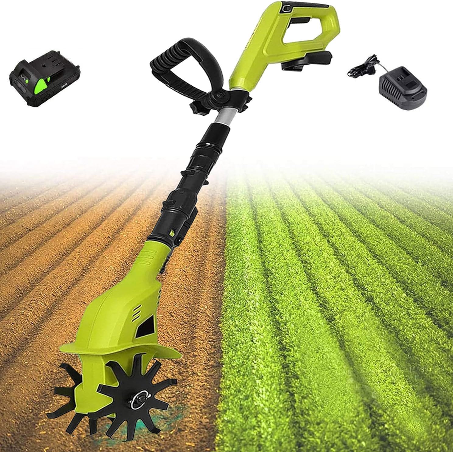 20V Cordless Tiller Cultivator, Battery Powered Electric Garden Cultivator with 3.18-4.16FT Extendable Pole, Handheld Mini Tiller for Gardening, 9.84' Depth 3.94' Width,1battery