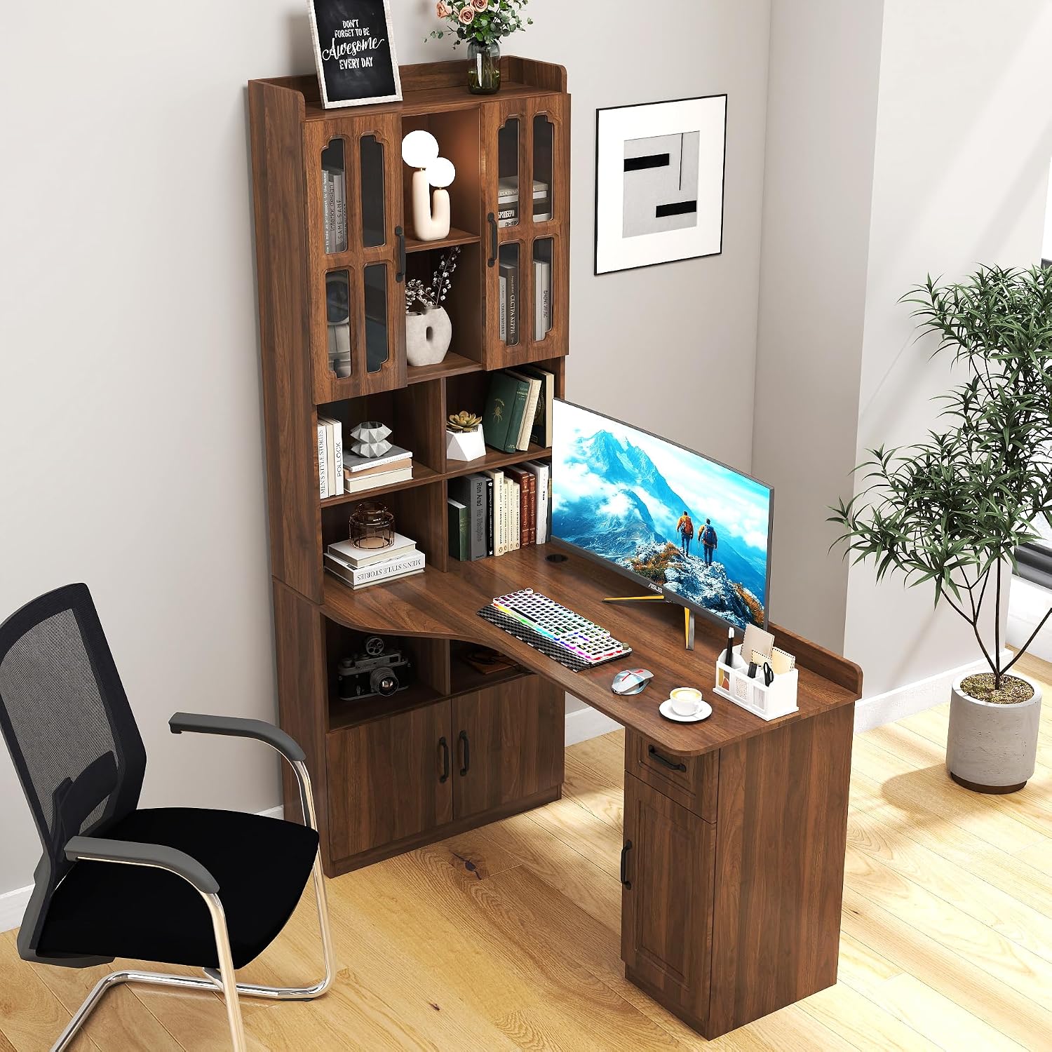 Jmyab L-Shaped Corner Computer Desk for Home Office, Study Modern Style Table with Drawer, Bookshelf Hutch Study Table, 2-in-1 L-Shaped Design, Large Working Space, Walnut