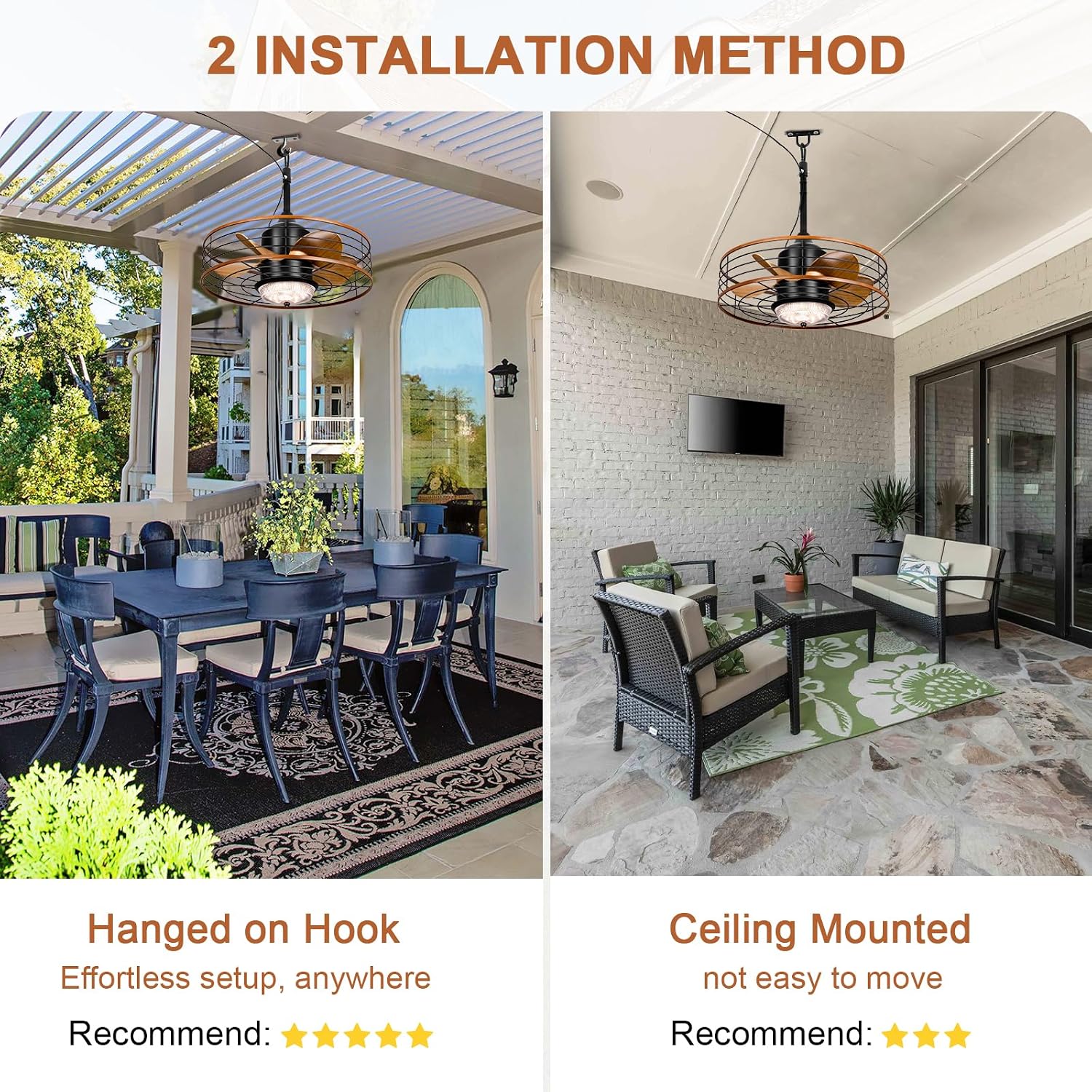 Waterproof Outdoor Ceiling Fan with Light 20' Caged Outdodor Gazebo Fan Hanging with Plug-in Cord, Dimmable LED, Remote APP Control, 6 Speeds for Patios Pergola Porch (Brown)