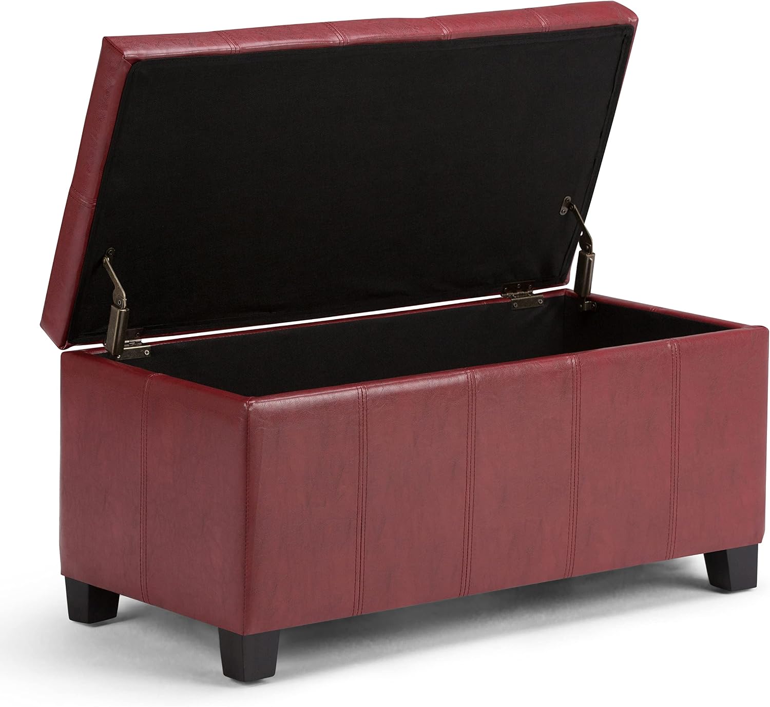 SIMPLIHOME Dover Storage Ottoman Bench - 36 inch Wide Upholstered Vegan Leather Rectangular Lift-Top Ottoman in Radicchio Red, Contemporary Bench for Living Room with Safety Hinges