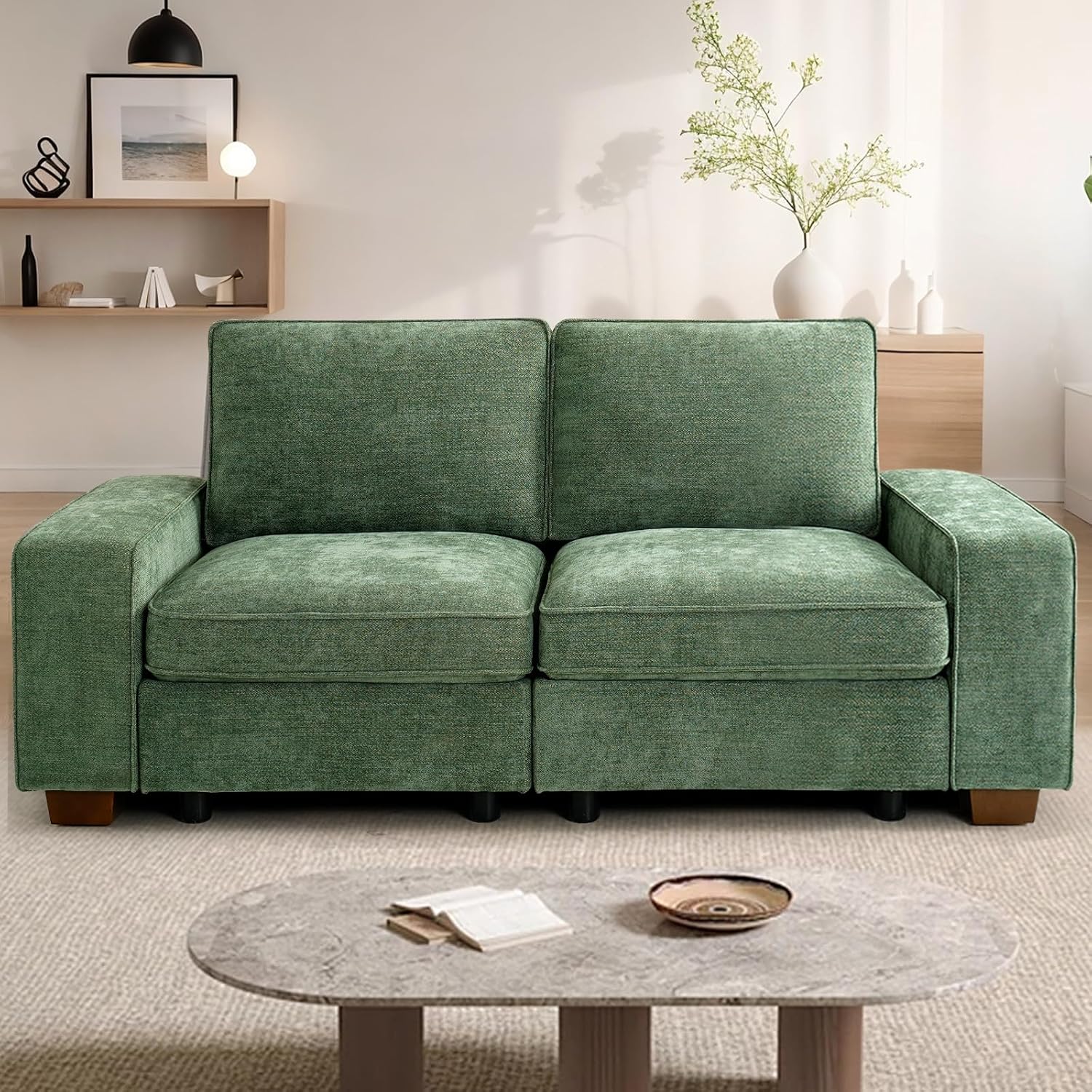 TEKAMON 73' Modular Sofa Couch with Seat Storage, Comfy 2-Seater Chenille Fabric Loveseat Sofa for Living Room, Office, Apartment W/Deep Seat, Wide Armrest, USB Charing Removable Cover(Green)