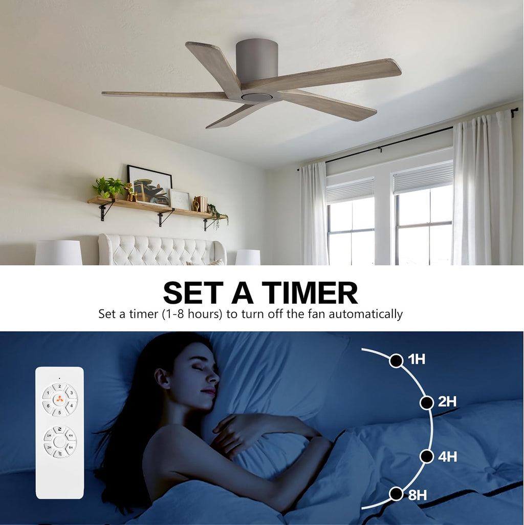 WINGBO 54 Inch Flush Mount DC Ceiling Fan without Lights, 5 Reversible Carved Wood Blades, 6-Speed Noiseless DC Motor, Hugger Ceiling Fan No Lights in Graphite Finish with Gray Blades, ETL Listed