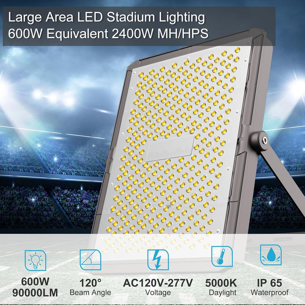 Upgrade 600W LED Stadium Flood Light Outdoor 90000Lm Led Flood Light with Adjustable Bracket, IP65 AC100-277V Commercial Area Lighting with Plug for Backyard/Basketball Court-2Pack