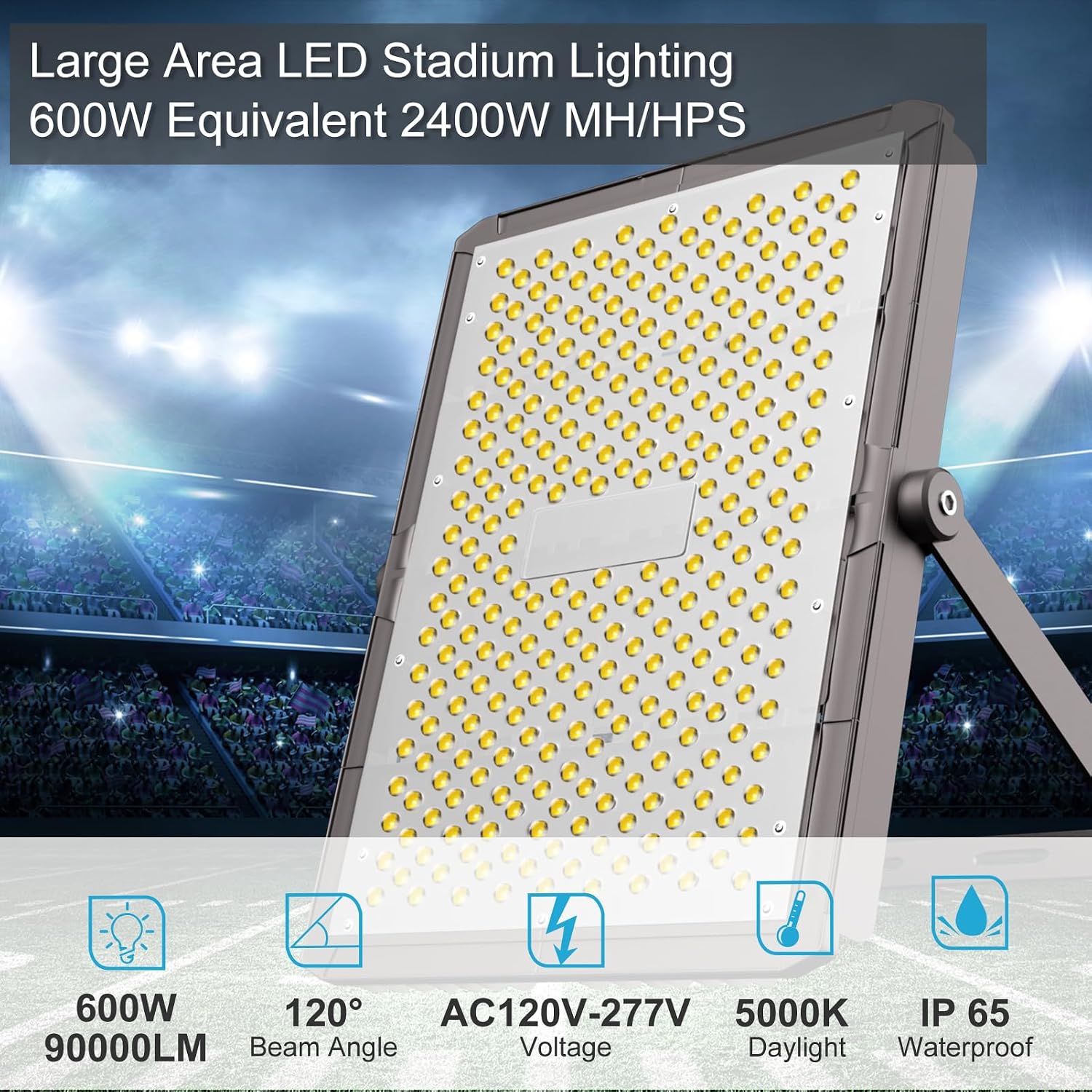 Upgrade 600W LED Stadium Flood Light Outdoor 90000Lm Led Flood Light with Adjustable Bracket, IP65 AC100-277V Commercial Area Lighting with Plug for Backyard/Basketball Court-2Pack