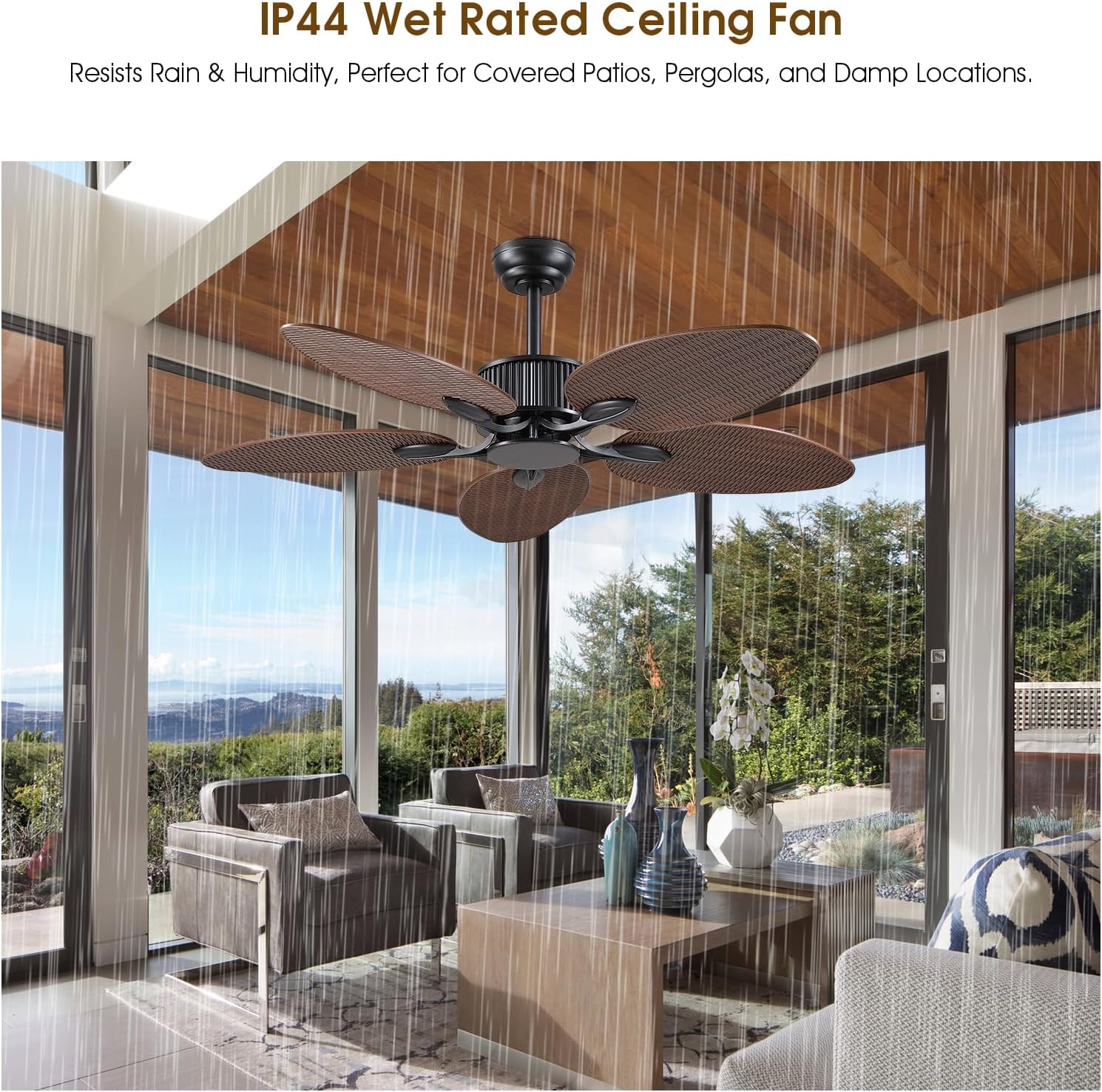 Wiviniya 50 Inch Tropical Ceiling Fan no Light, Palm Leaf Waterproof Outdoor Ceiling Fans for Patios Porch, Remote/APP Control, Wet Rated, 6 Speeds, Reversible Quiet DC Motor, Dark Brown