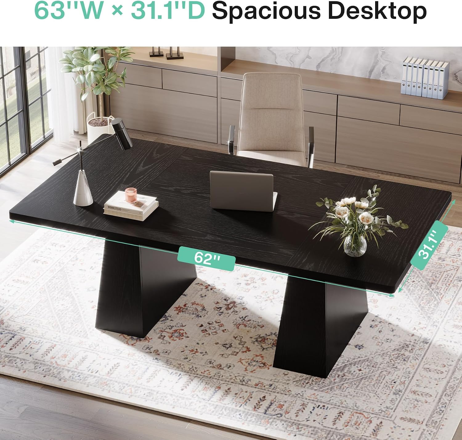 Tribesigns 63-Inch Executive Desk, Large Office Computer Desk with Double Pedestal, Modern Simple Workstations Writing Table Conference Table Business Furniture for Home Office, Black