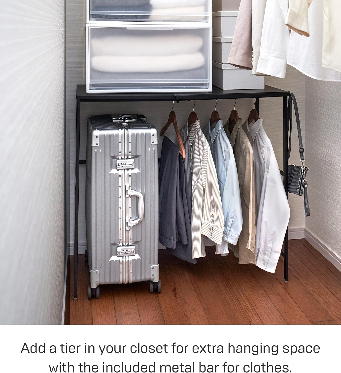YAMAZAKI Home Tower Expandable Over Suitcase Shelf, Closet Luggage Organization Clothes Hanger Metal Shelf - Steel