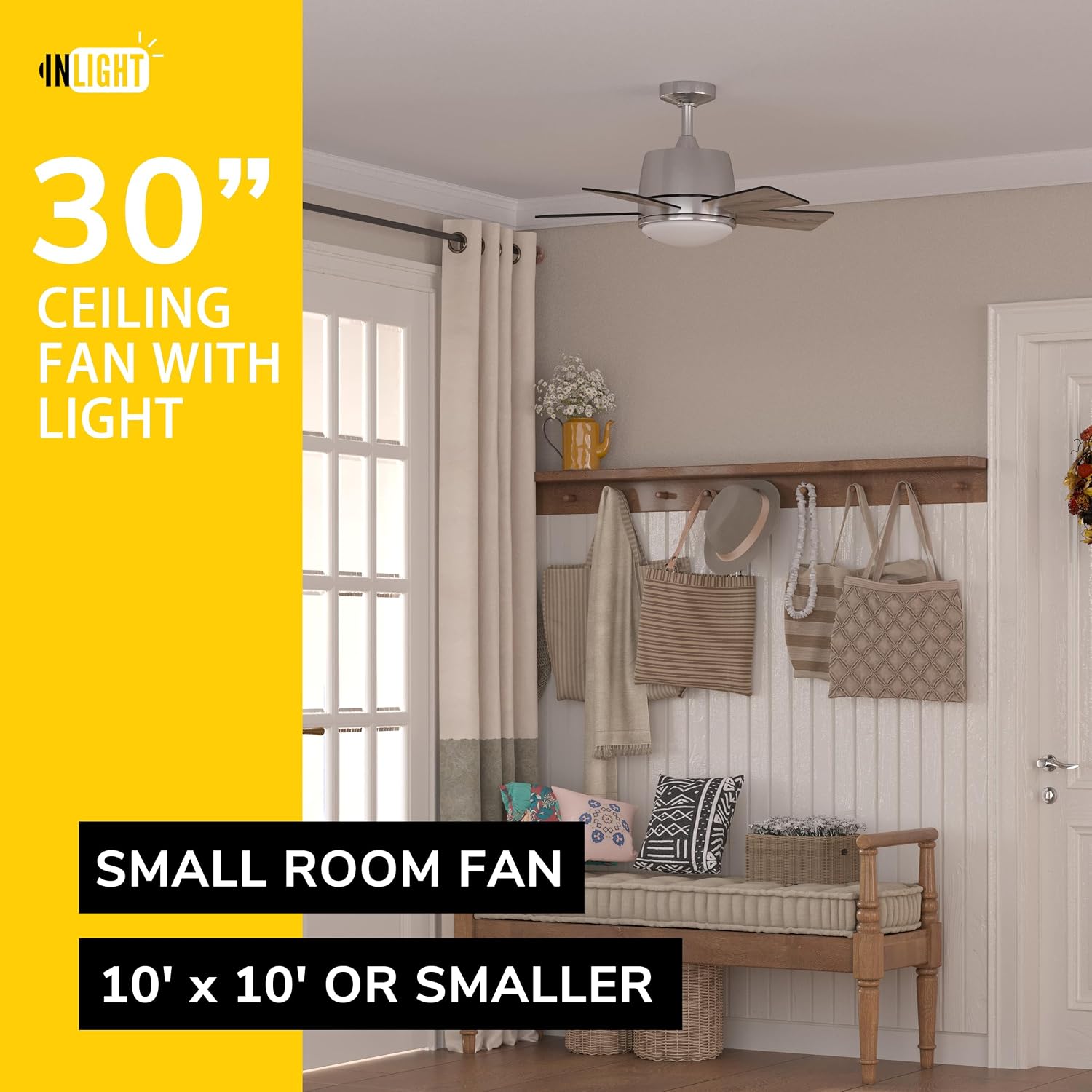 Inlight 30' Integrated LED Indoor Brushed Steel AC Motor Ceiling Fan with Light and Remote, Five Reversible Blades in a Black and Barnwood Finishes, IN-0715-1-MD