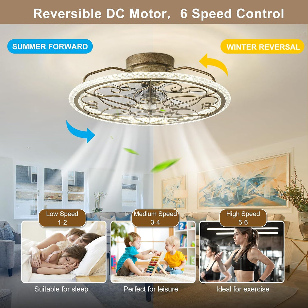 Low Profile Ceiling Fans with Lights Gold Crystal Chandelier Caged Fan Light Bedroom Fandeliers Flush Mount Ceiling Fan with Light for Girls Bedroom Living Room Kids Room
