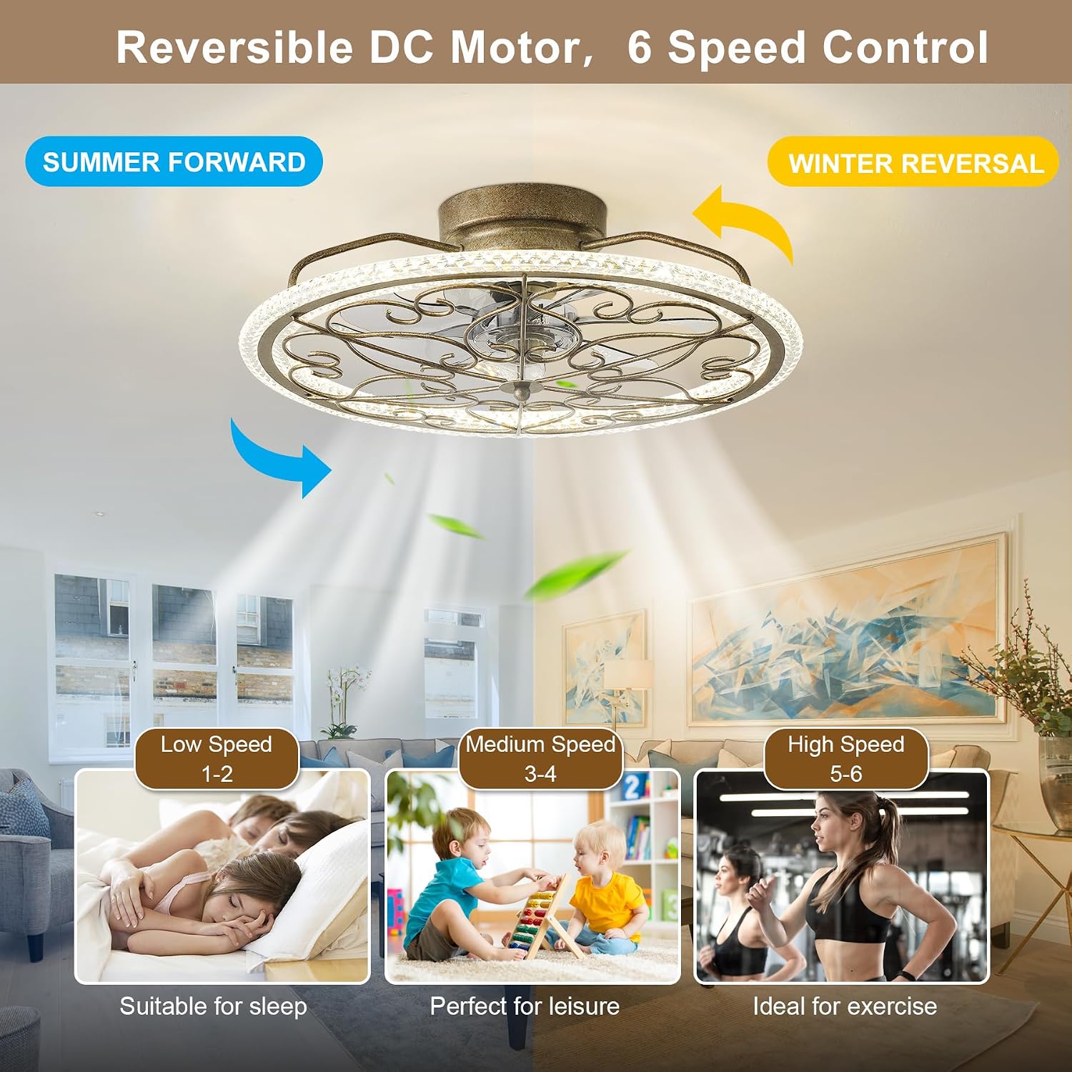 Low Profile Ceiling Fans with Lights Gold Crystal Chandelier Caged Fan Light Bedroom Fandeliers Flush Mount Ceiling Fan with Light for Girls Bedroom Living Room Kids Room