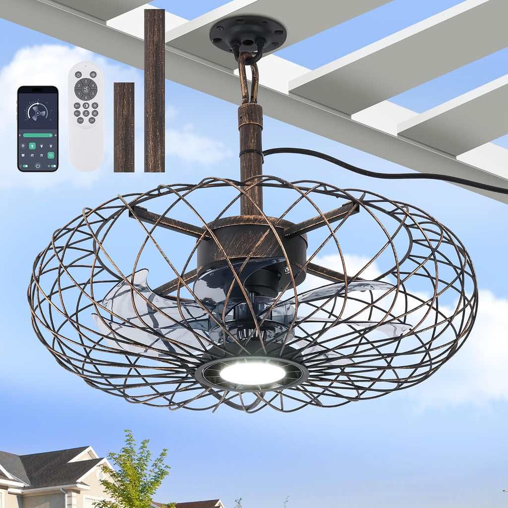 Miuyhji Retro Outdoor Ceiling Fans with LED Light, 20' Waterproof Gazebo Fan Plug in Caged Industrial Fandelier Ceiling Fan with Remote, 6 Speeds Adjustable Height Fan for Bedroom Living Room Pergola