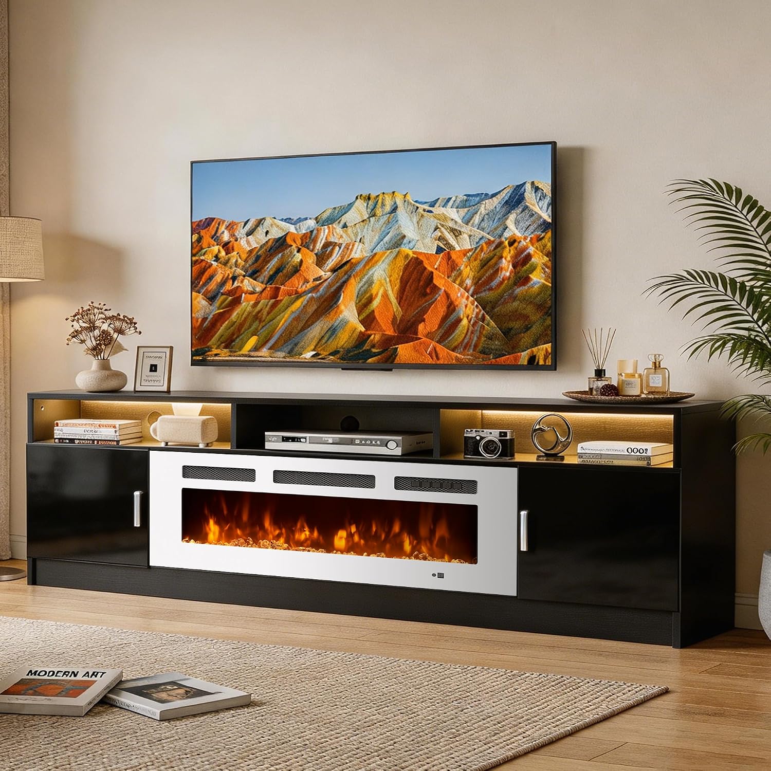 80' Fireplace TV Stand with Power Outlet, Electric Fireplace Entertainment Center with Storage Cabinets, Fits TVs up to 90', TV Console with LED Lights for Living Room, Office, Black-White