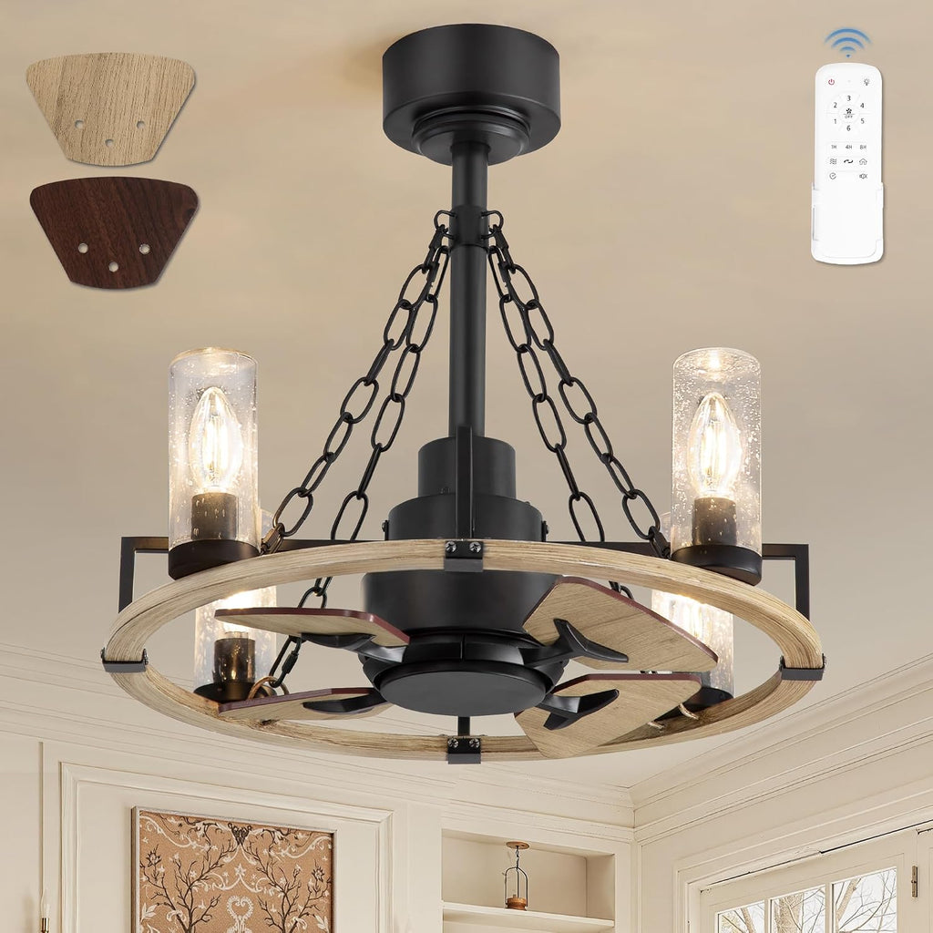 Wagon Wheel Rustic Chandelier Ceiling Fan with Light, 20 inch Farmhouse Caged Ceiling Fans, Quiet Reversible Motor, Dual Finish Blades, Wood Bladeless Fan Lights Ceiling Fixtures for Bedroom Kitchen