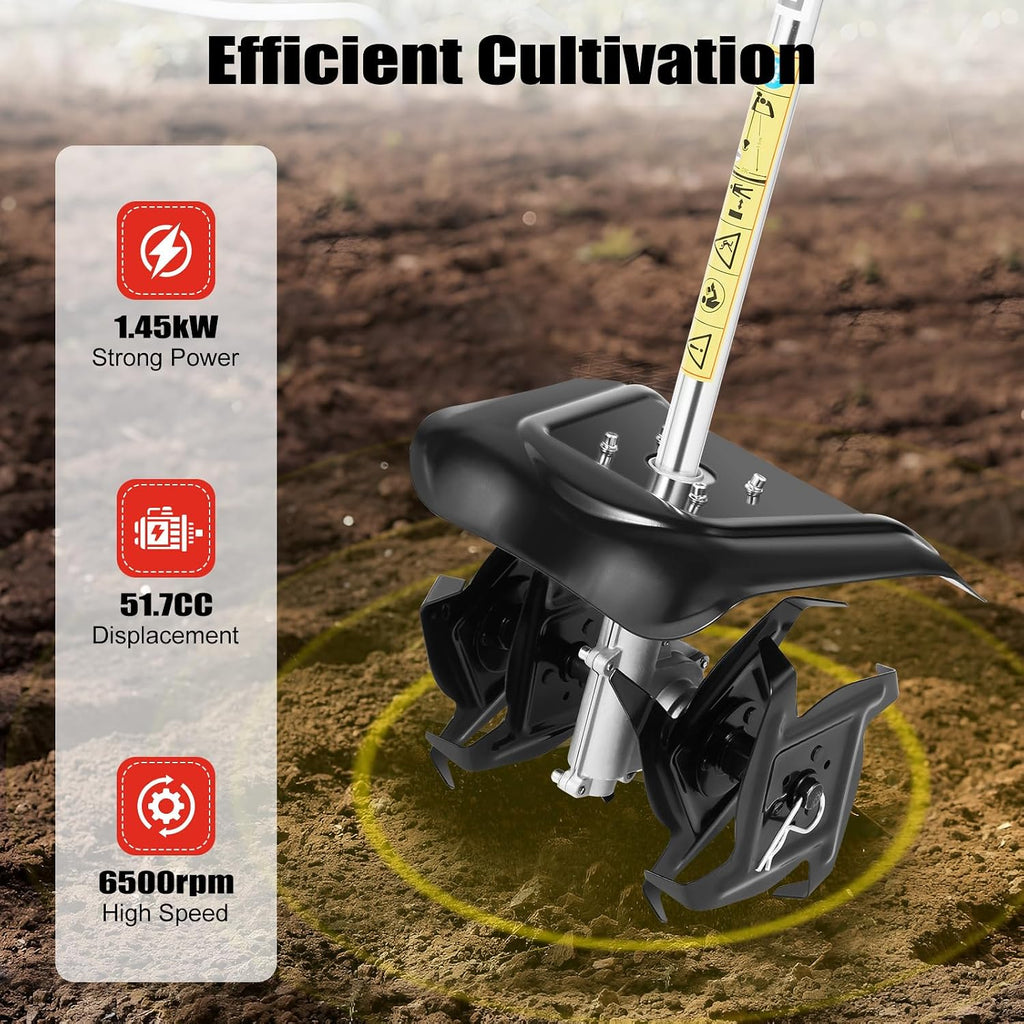 1.45kW Gas-Powered Tiller, 52cc 2-Stroke Handheld Engine Cultivator, 6500RPM Soil Loosener Ground Breaker with 0.29gal Fuel Tank 9.8in Width & 3.5in Depth for Garden Farmland Hillside