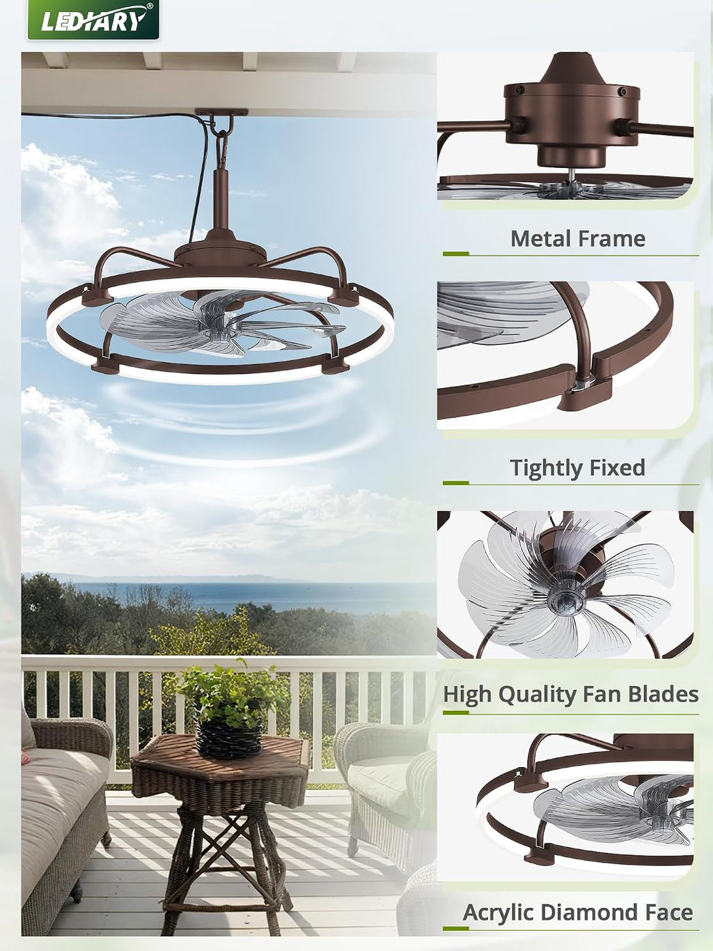 LEDIARY 24' Outdoor Ceiling Fans with Light for Patios, IP65 Waterproof Gazebo Fan, Plug-in Hanging Fan Remote&APP Control, 3CCT Dimmable, 6-Speeds, Caged Ceiling Fan for Gazebo,Patio,Pergola,Porch