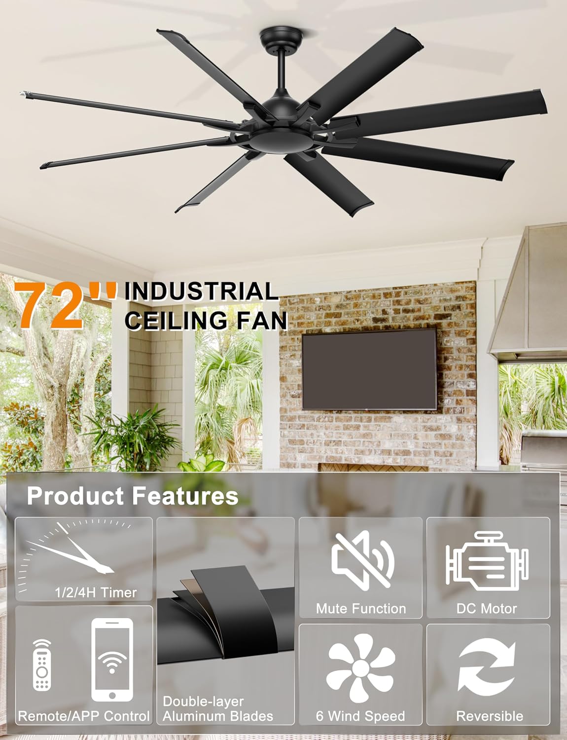 Ohniyou 72 Inch Ceiling Fan No Light - Remote & APP Control, Large Industrial Ceiling Fans with 8 Aluminum Blades, Quiet DC Motor for Living Room, Covered Outdoor, Shop, Garage, Black without Light