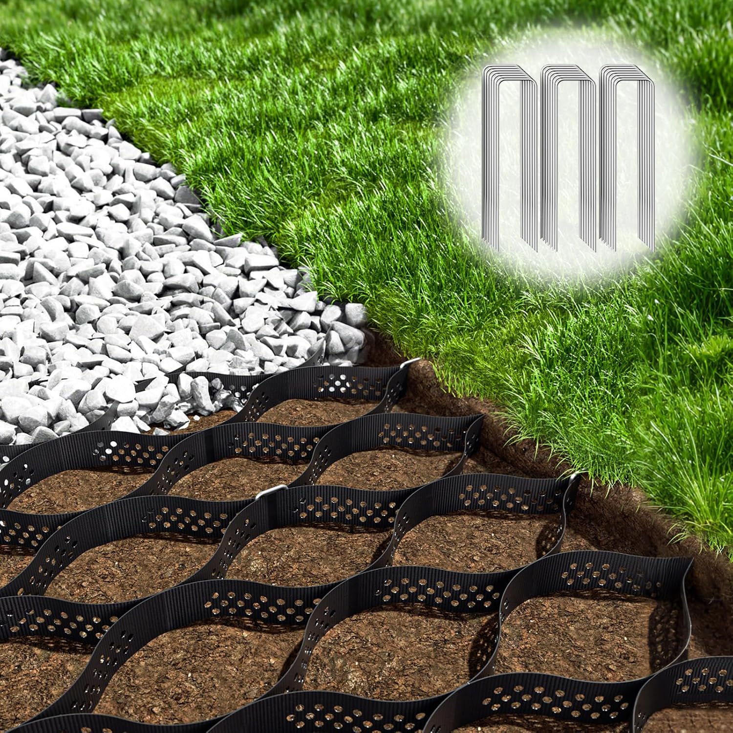 Gravel Grid 9x34 FT with 20Pcs Landscape Staples, 2'' Thick Geogrid Ground Grid 2200 lbs per Sq Ft Erosion Control Geo Grid for Driveway, Walkway, Horse Paddock, Patio, Parking Lot, Slope