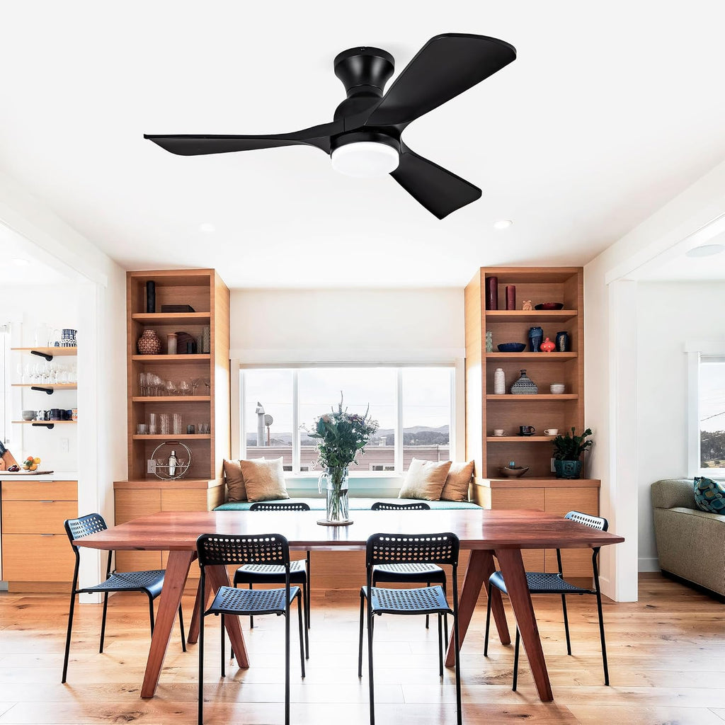 42 Inch Black Ceiling Fan with Lights Flush Mount Ceiling Fan with Remote Control, ABS Blades Outdoor Ceiling Fans for Bedroom,Farmhouse,Patio,Indoor, Quiet DC Motor