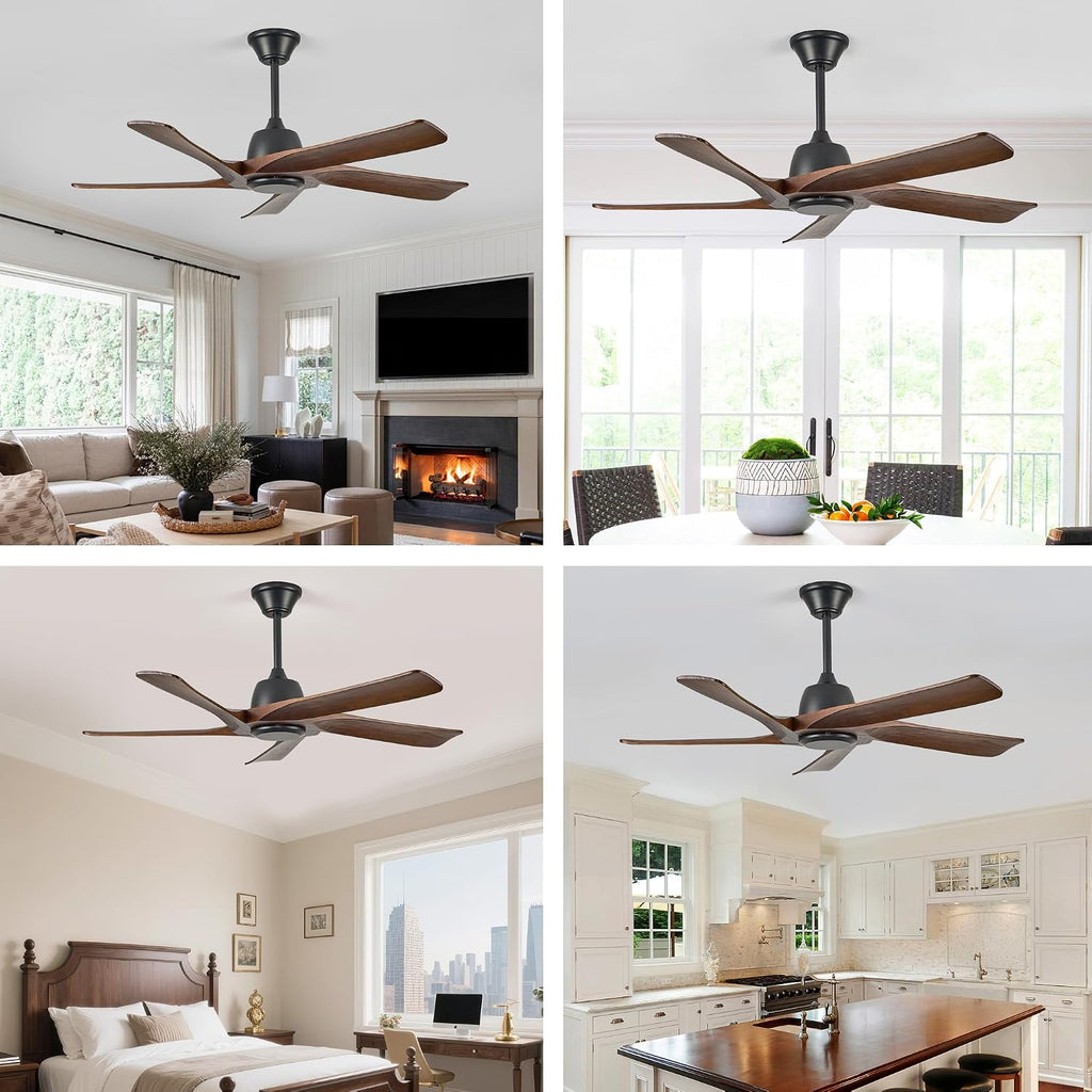 52 Inch Solid Wood Ceiling Fan No Lights, Remote and APP Control, DC Motor, 6-speed Reversible, for Bedroom, Living Room, Office, Dark Walnut