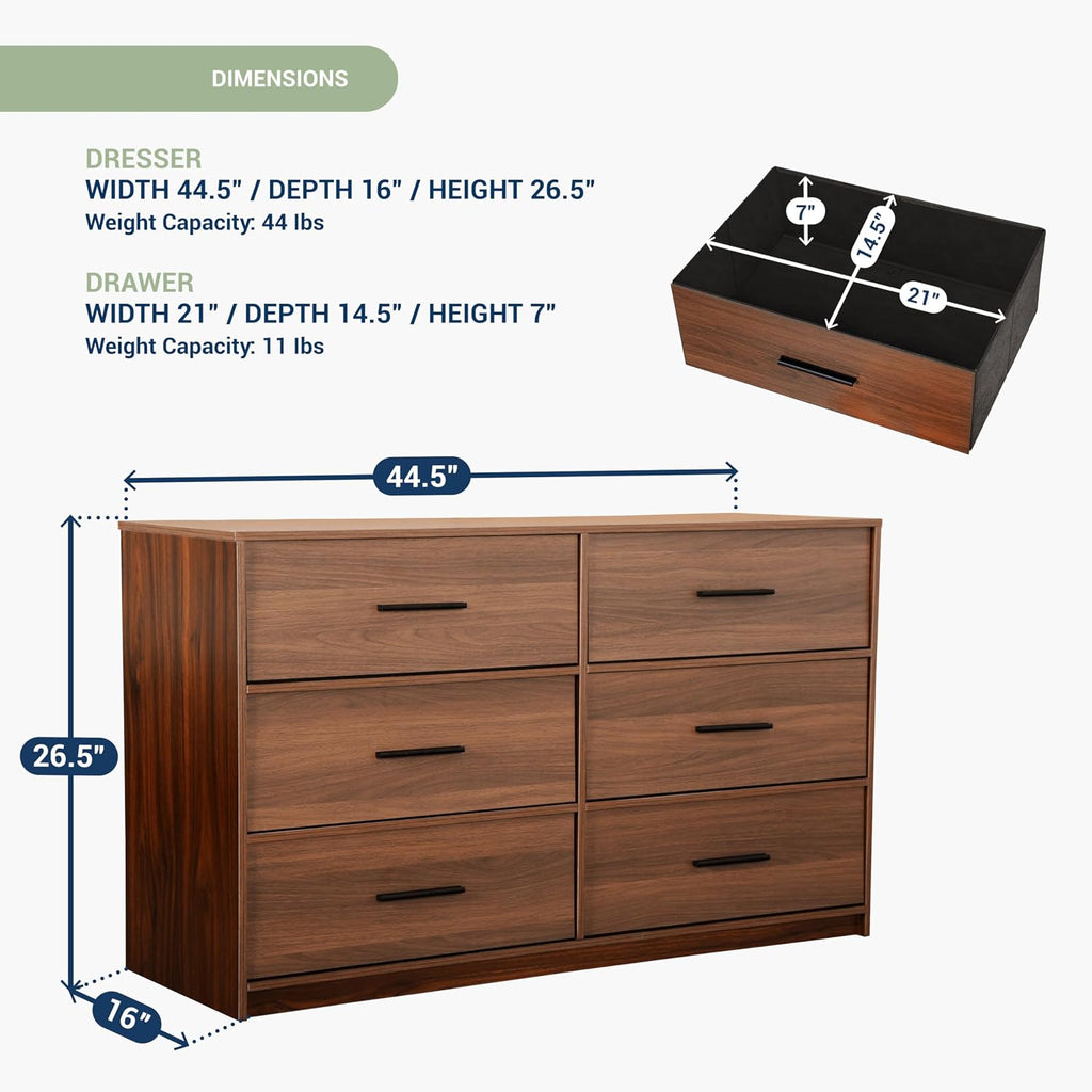 Modern 6-Drawer Dresser with Spacious Storage, Sturdy Wood Frame, Large Capacity Fabric Drawers, Dressers for Bedroom, Home Organization Storage for Living Room or Hallway, Walnut