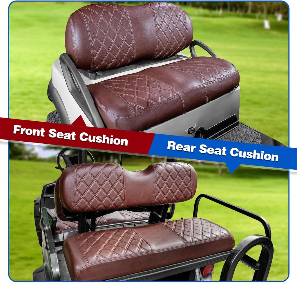 NOKINS Golf Cart Diamond Front&Rear Seat Covers Kit, Front Seat Covers Fits Club Car Precedent/Tempo/Onward Premium Seat Cushion, Rear Seat Covers Fits Aftermarket Standard Cushion(Brown&Brown 8438)