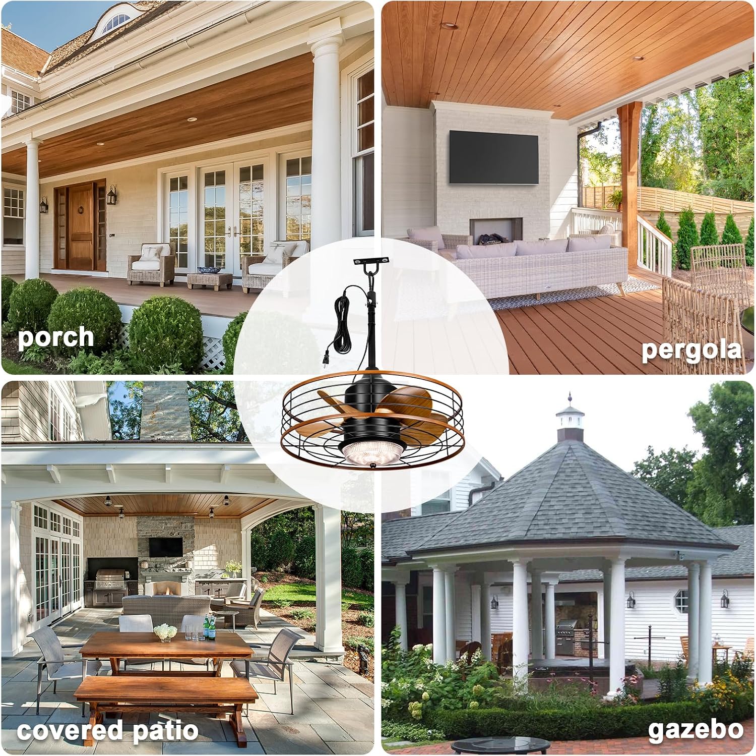 Waterproof Outdoor Ceiling Fan with Light 20' Caged Outdodor Gazebo Fan Hanging with Plug-in Cord, Dimmable LED, Remote APP Control, 6 Speeds for Patios Pergola Porch (Brown)