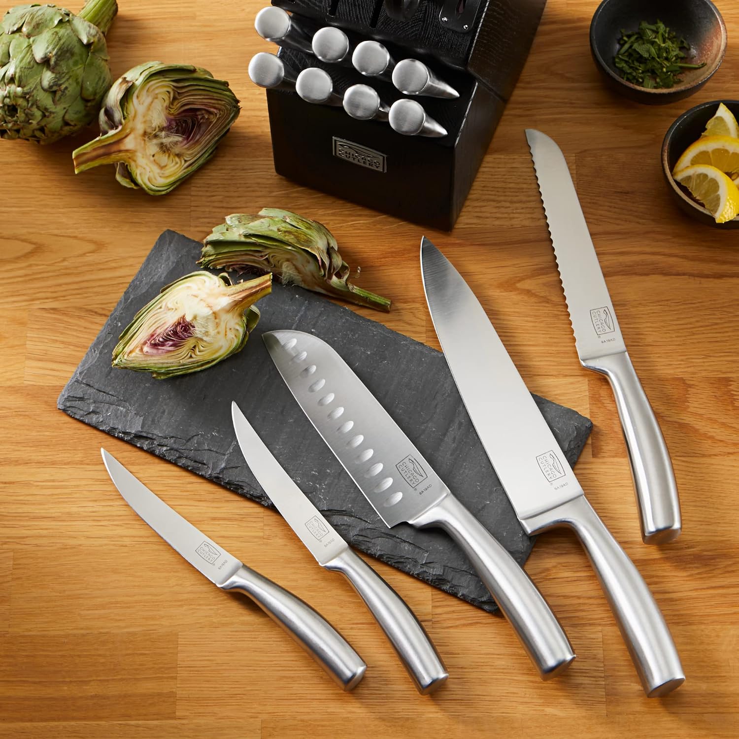 Chicago Cutlery Malden (16-PC) Kitchen Knife Block Set With Wooden Block & Built-In Sharpener, Contoured Handles and Sharp Stainless Steel Professional Chef Knife Set & Scissors