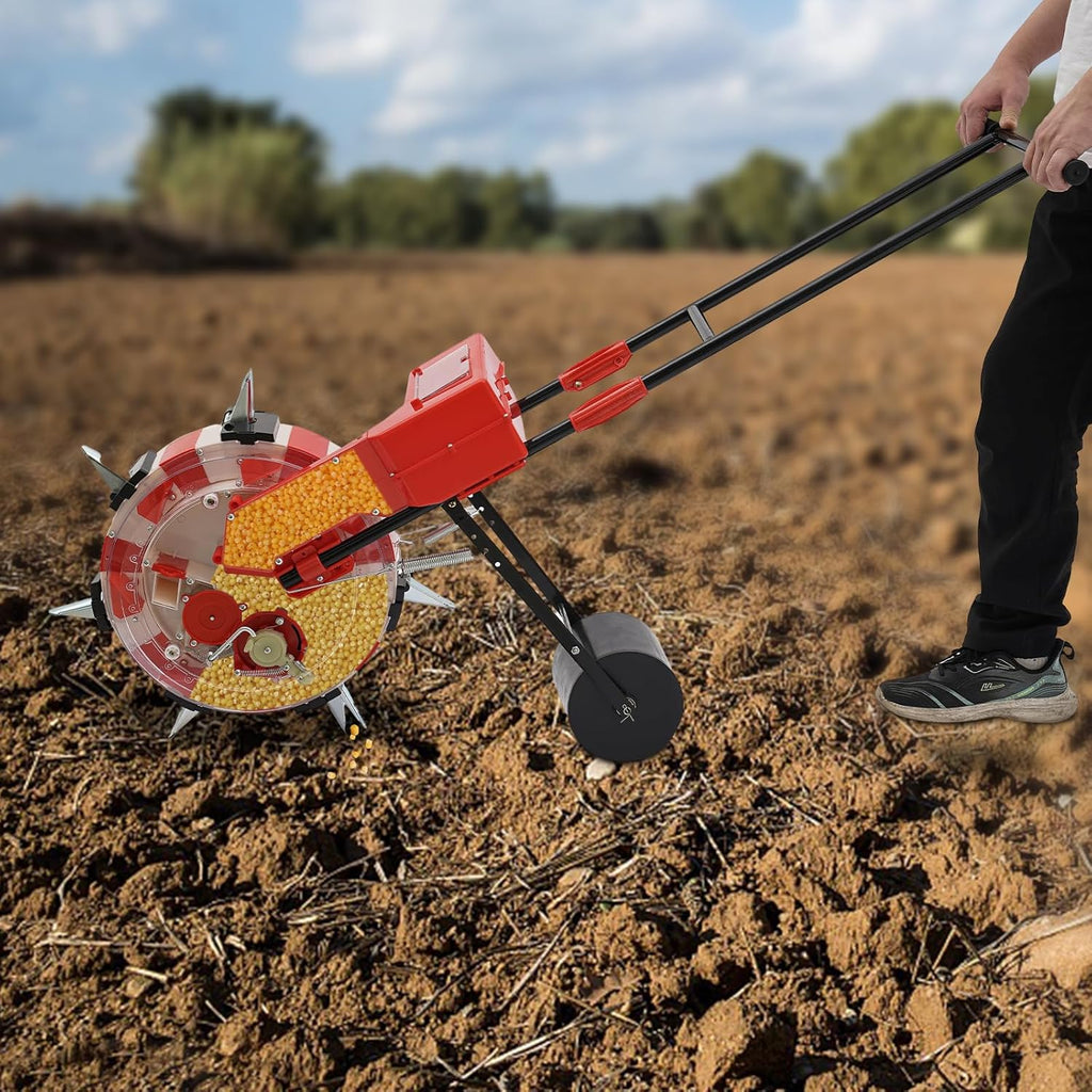 Manual Seeder, 7 Nozzles Handheld Seeding Machine Hand Push Roller Seeder Corn Soybean Fertilizer Machine, 9.06in Spacing Manual Planter Floor Standing Outdoor for Slopes Rice Planting Fields