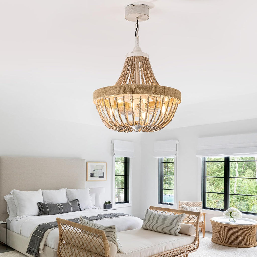 20' Rustic Beaded Chandelier Ceiling Fan with Lights, Remote & App Control, 6 Speed, 8-Lights Boho Fandelier, for Bedroom, Dining Room (Retro White)