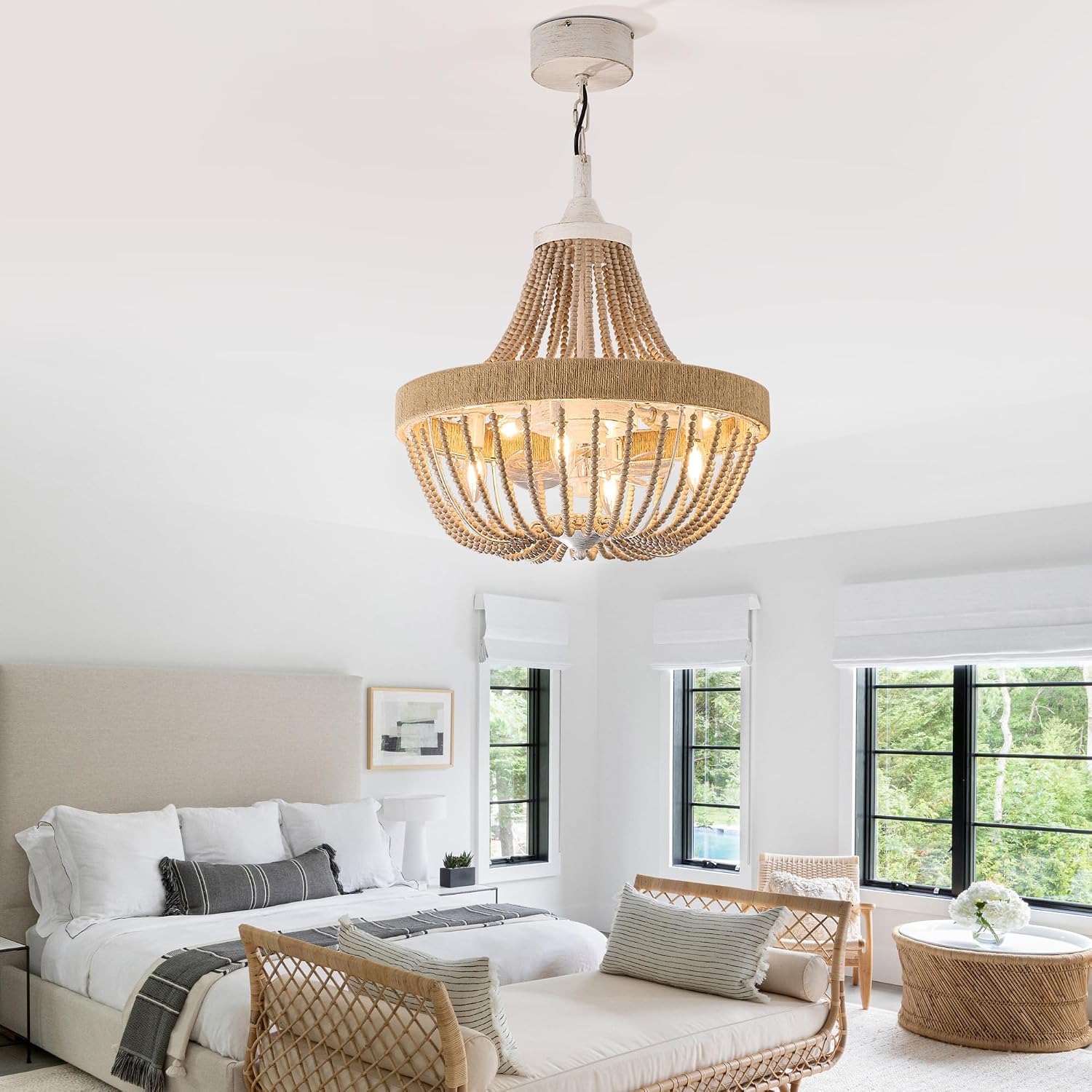 20' Rustic Beaded Chandelier Ceiling Fan with Lights, Remote & App Control, 6 Speed, 8-Lights Boho Fandelier, for Bedroom, Dining Room (Retro White)