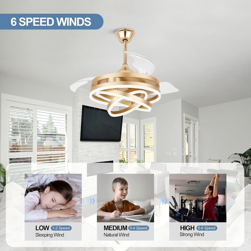 42' Gold Fandelier Ceiling Fan Retractable Ceiling Fan with Lights Remote Control, Modern Chandelier LED Light, Silent DC Motor Reversible 6 Speeds for Bedroom Living Room Kitchen