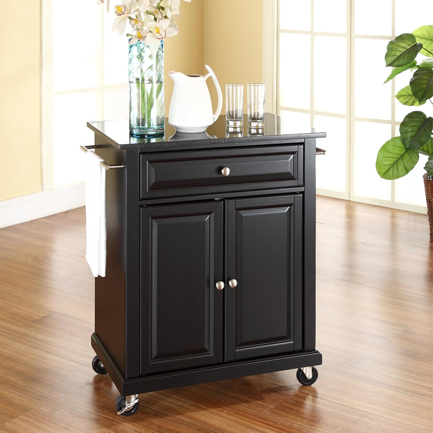 Crosley Furniture Compact Granite Top Small Rolling Cart with Shelves, Microwave Stand with Towel Rack, Black