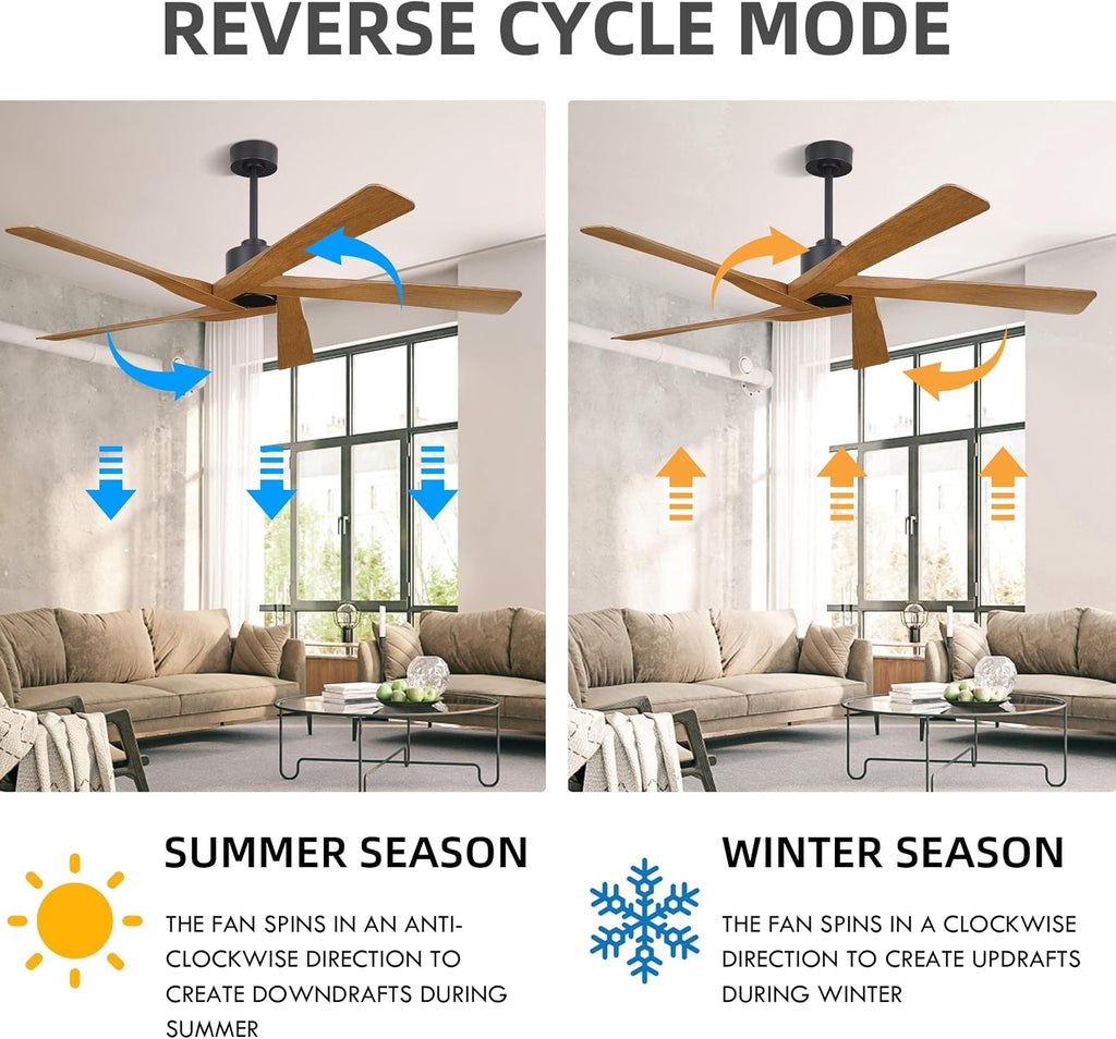 WINGBO 64' ABS DC Ceiling Fan No Light, 5 Blade ABS Plastic Ceiling Fan with Remote, 6-Speed Reversible DC Motor, Ceiling Fans without Light for Kitchen Bedroom Living Room, Matte Black and Walnut