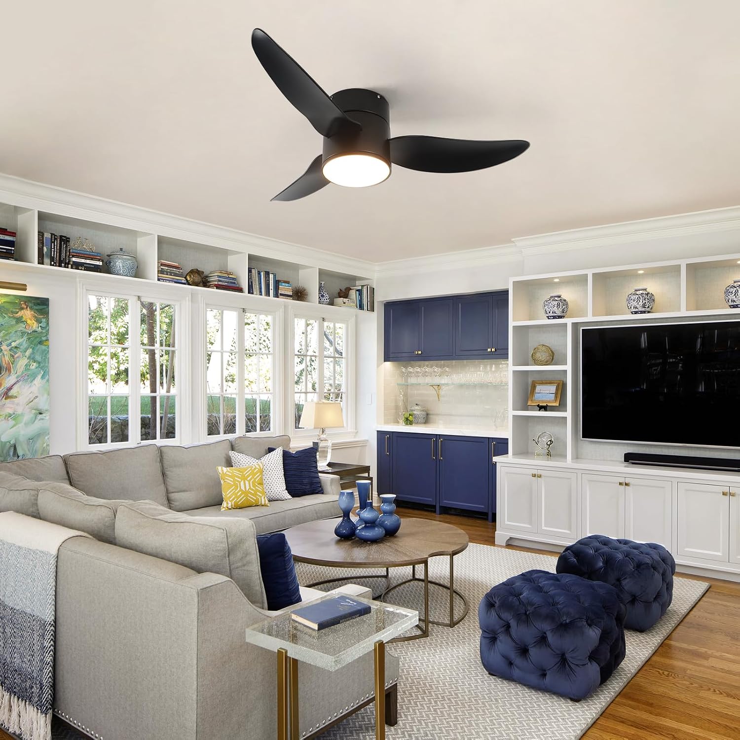 GESUM Ceiling Fan with Lights, 38' Flush Mount Ceiling Fans with Remote Control, Dimmable, 3CCT, Reversible, Black Ceiling Fans for Bedroom Kitchen Porch Patios