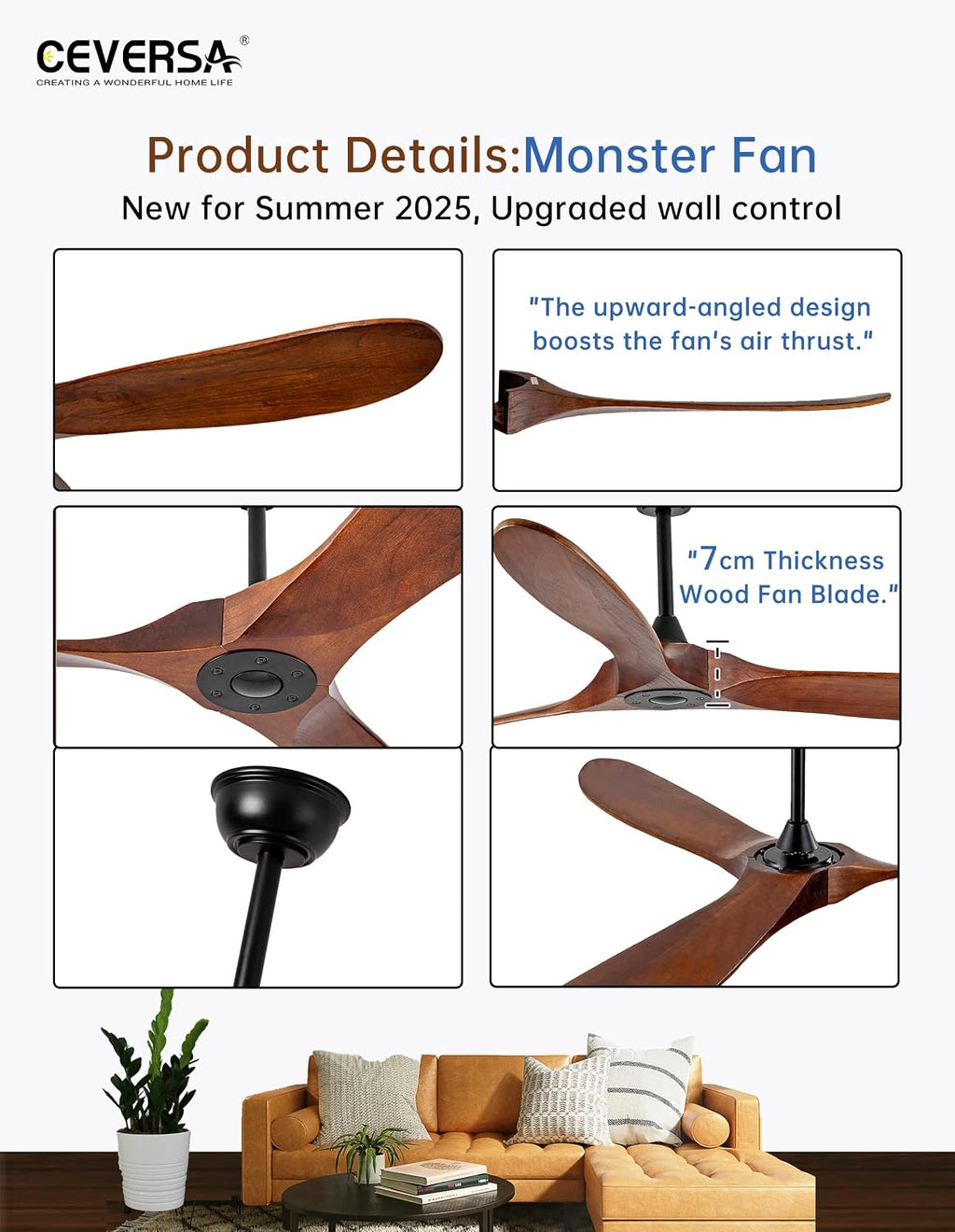 60 Inch Outdoor Ceiling Fan no Light,Solid Wood Ceiling Fan Without Lights with Remote/Wall Control,Large 3 Blades Walnut Propeller for Patio,Porch,Living Room,Bedroom,Farmhouse