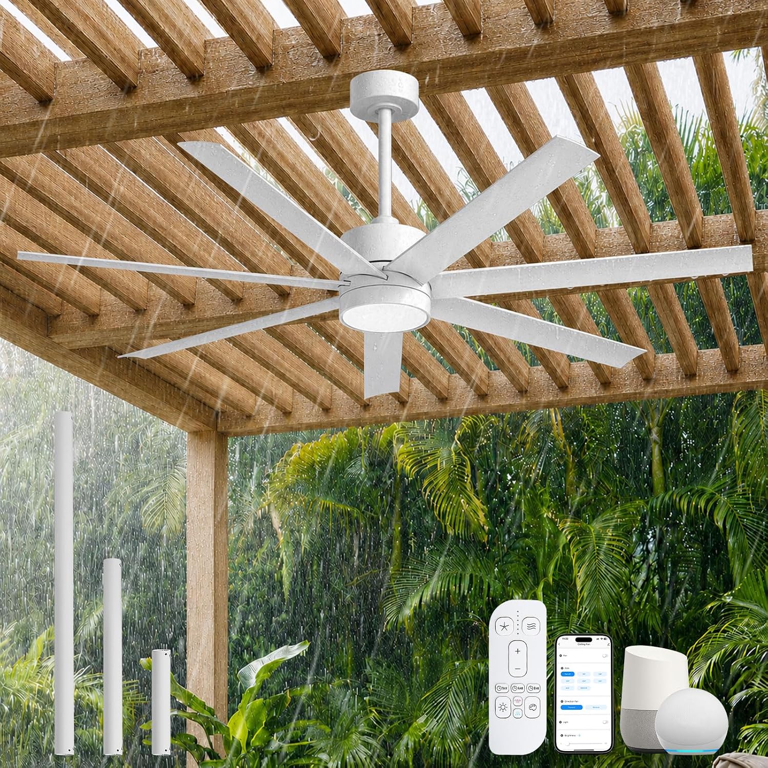 Outdoor Smart Ceiling Fan with Light Waterproof for Patio, Wet Rated All Weather Fan with UV Coating, App/Voice/Remote Control, High CFM, 56 IN White Ceiling Fan for Pergola Porch Gazebo Terraces