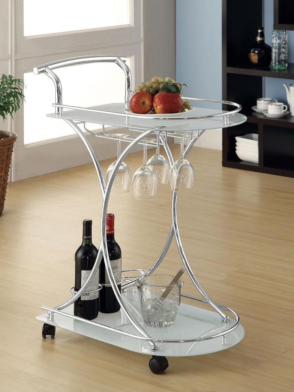 Coaster Home Furnishings Elfman 2-Tier Glass Shelf Metal Bar Cart White and Chrome 910002