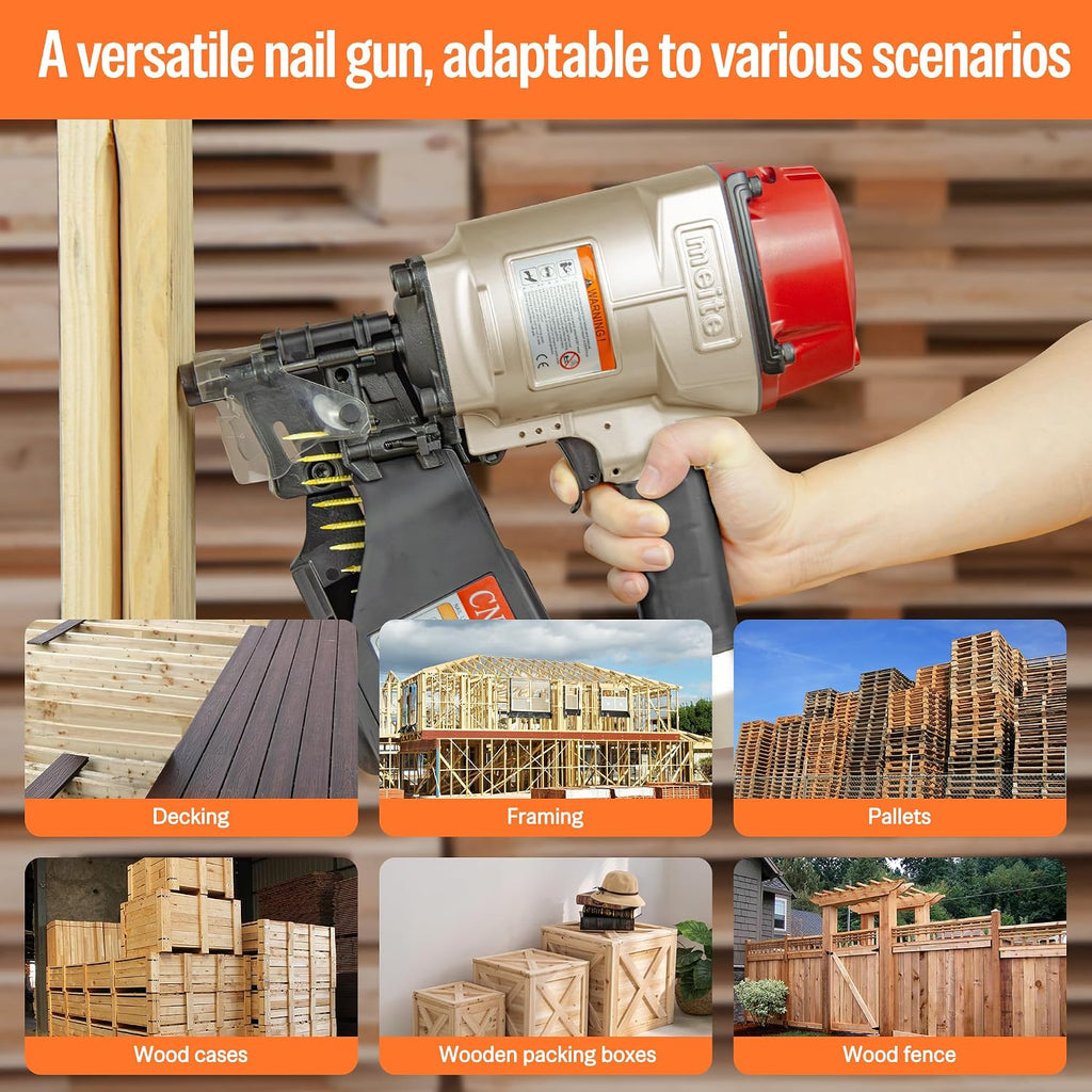 meite CN70B Pneumatic Coil Nailer with 15 Degree Siding Nails 2' × .099'' - Air Coil Nail Gun with 400PCS Magazine, 360° Adjustable Exhaust for Framing Sheathing Pallets Hardwood Projects