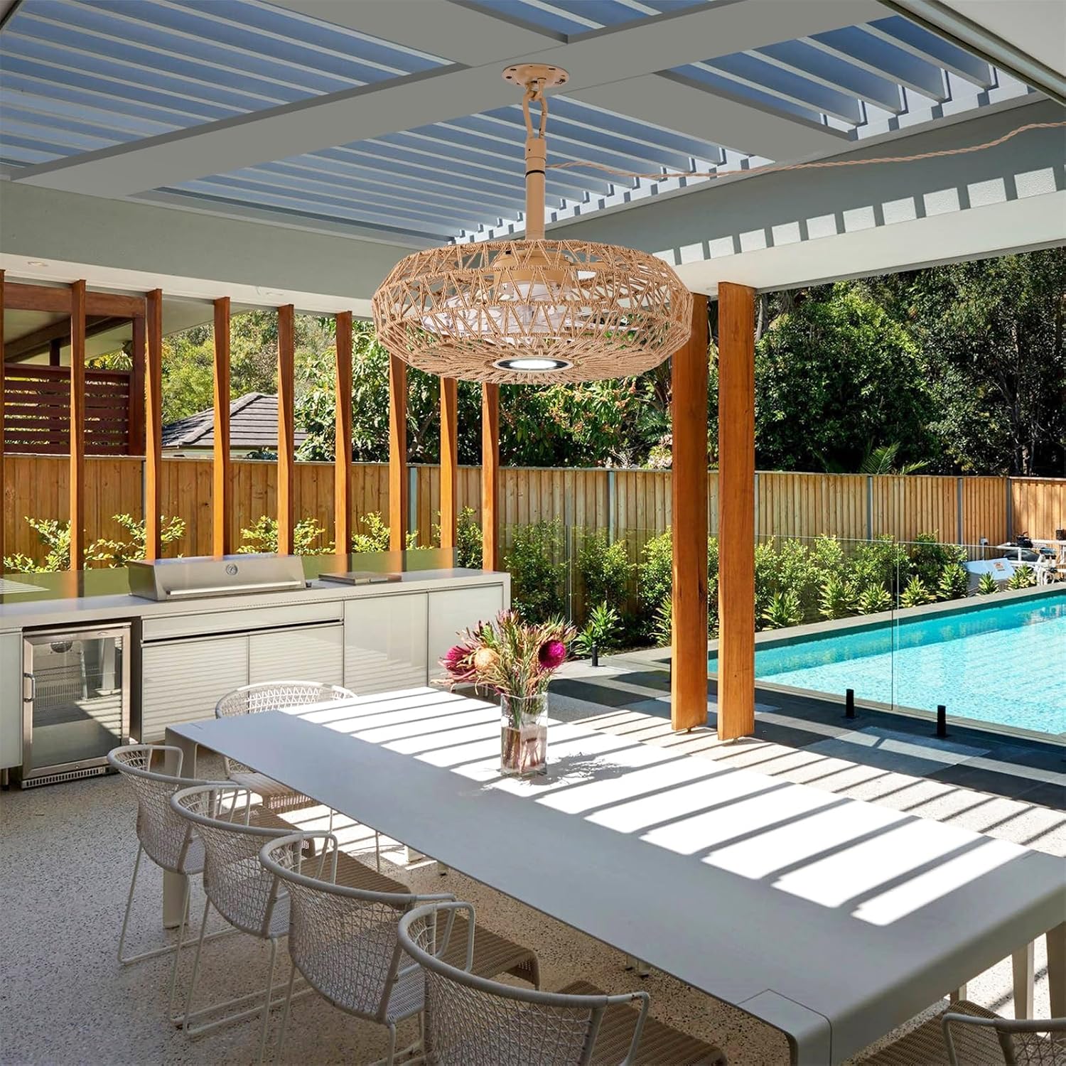 She's home 20'' Outdoor Gazebo Fan with Lights and Remote, Outside/Indoor Hanging Rattan Ceiling Fan, 3CCT Dimmable, 6-Speed DC Motor, Plug-in Wicker Woven Caged Ceiling Fans for Patio Pergola Porch