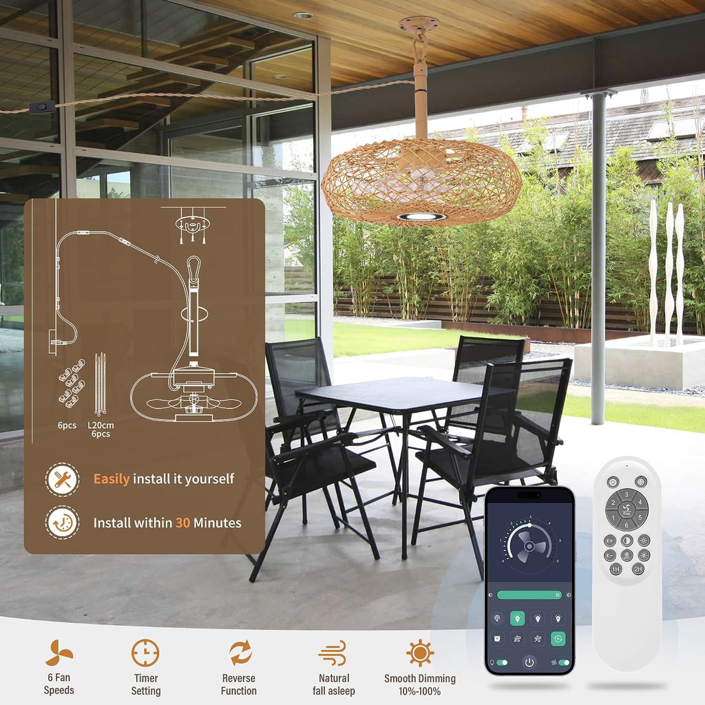 PAZALA 20' Outdoor Gazebo Fan with Light, Plug in Hanging Ceiling Fan for Covered Patio Pergola Porch, Remote & APP Control, 3CCT Dimmable LED, 6-Speed Reversible DC Motor, Brown Woven Caged Boho Fan