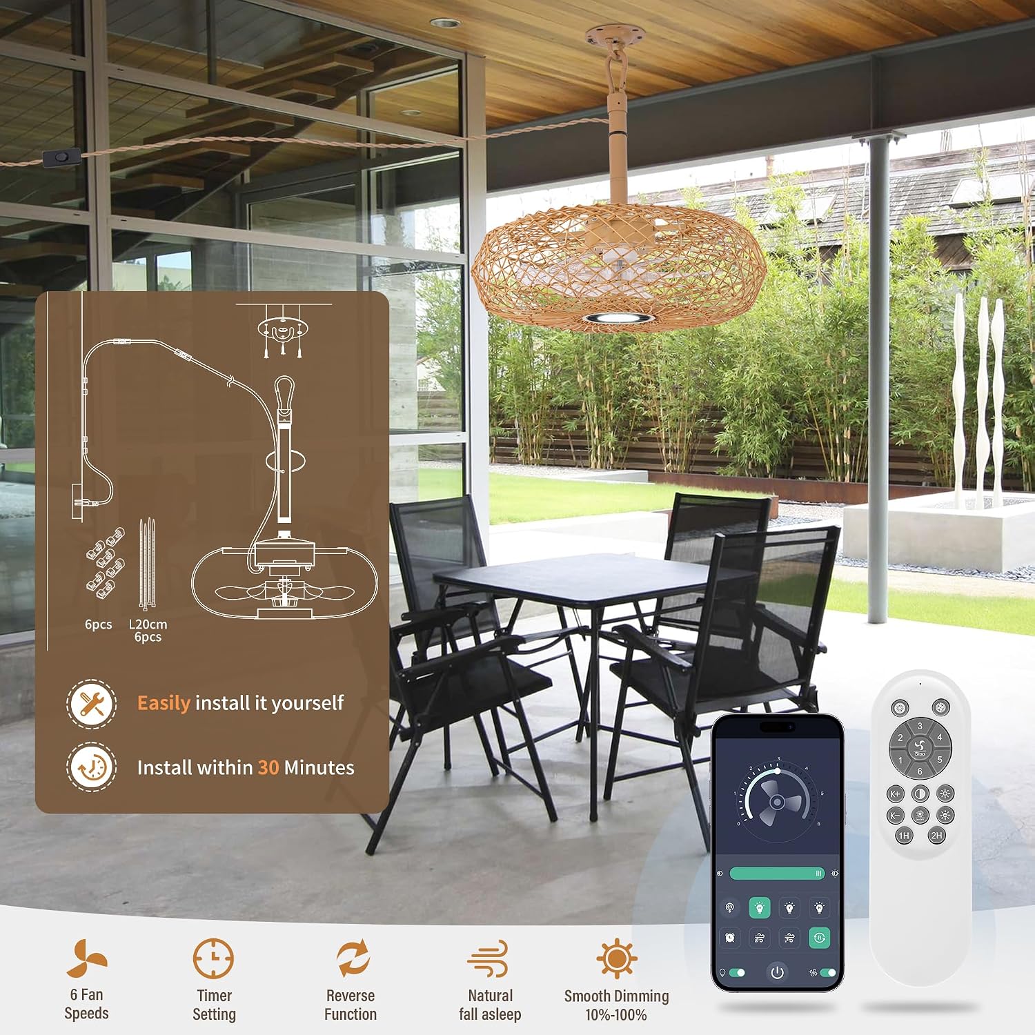 PAZALA 20' Outdoor Gazebo Fan with Light, Plug in Hanging Ceiling Fan for Covered Patio Pergola Porch, Remote & APP Control, 3CCT Dimmable LED, 6-Speed Reversible DC Motor, Brown Woven Caged Boho Fan